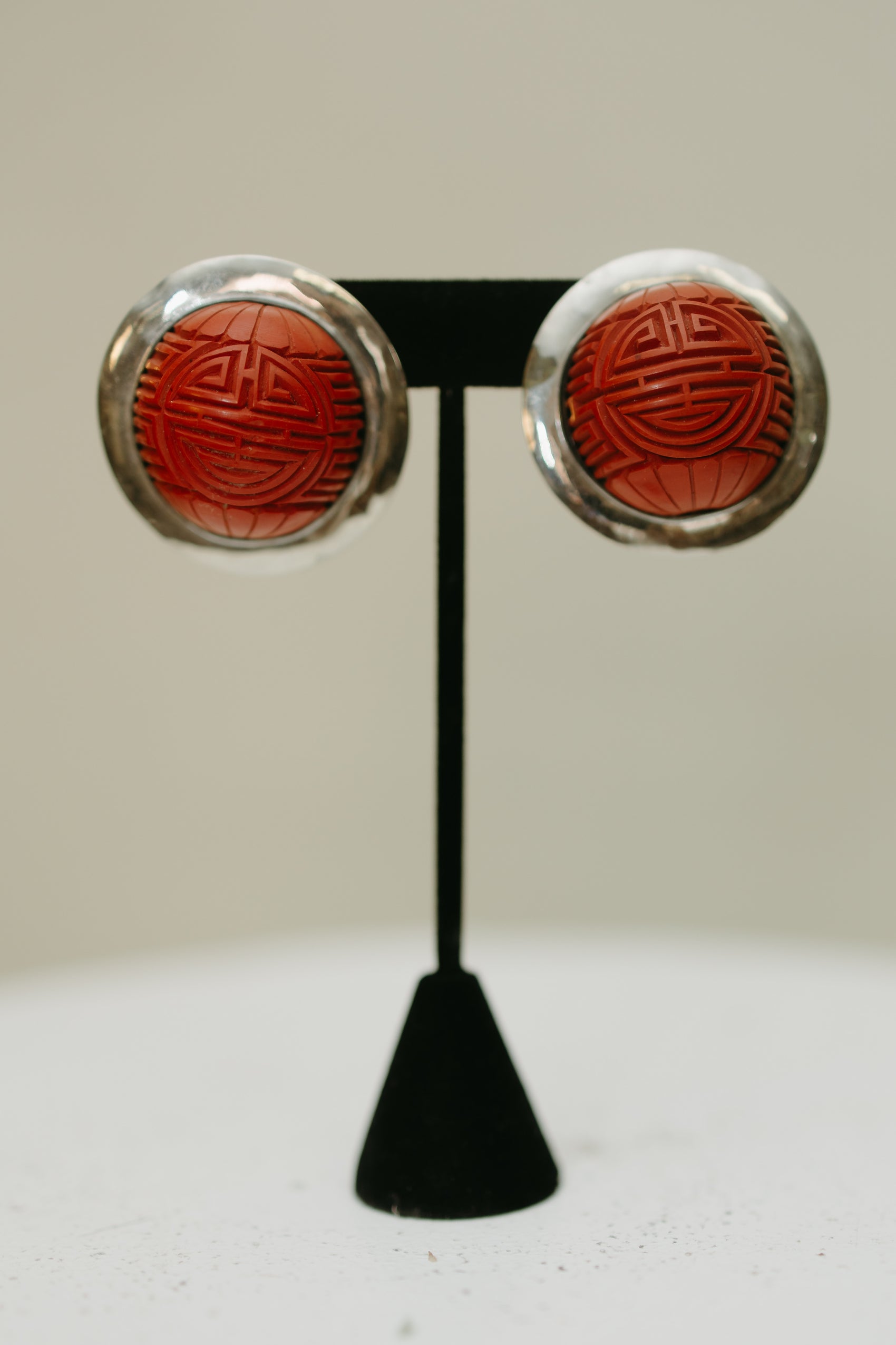 Vintage Red Carved Button Earrings — Asian Motif