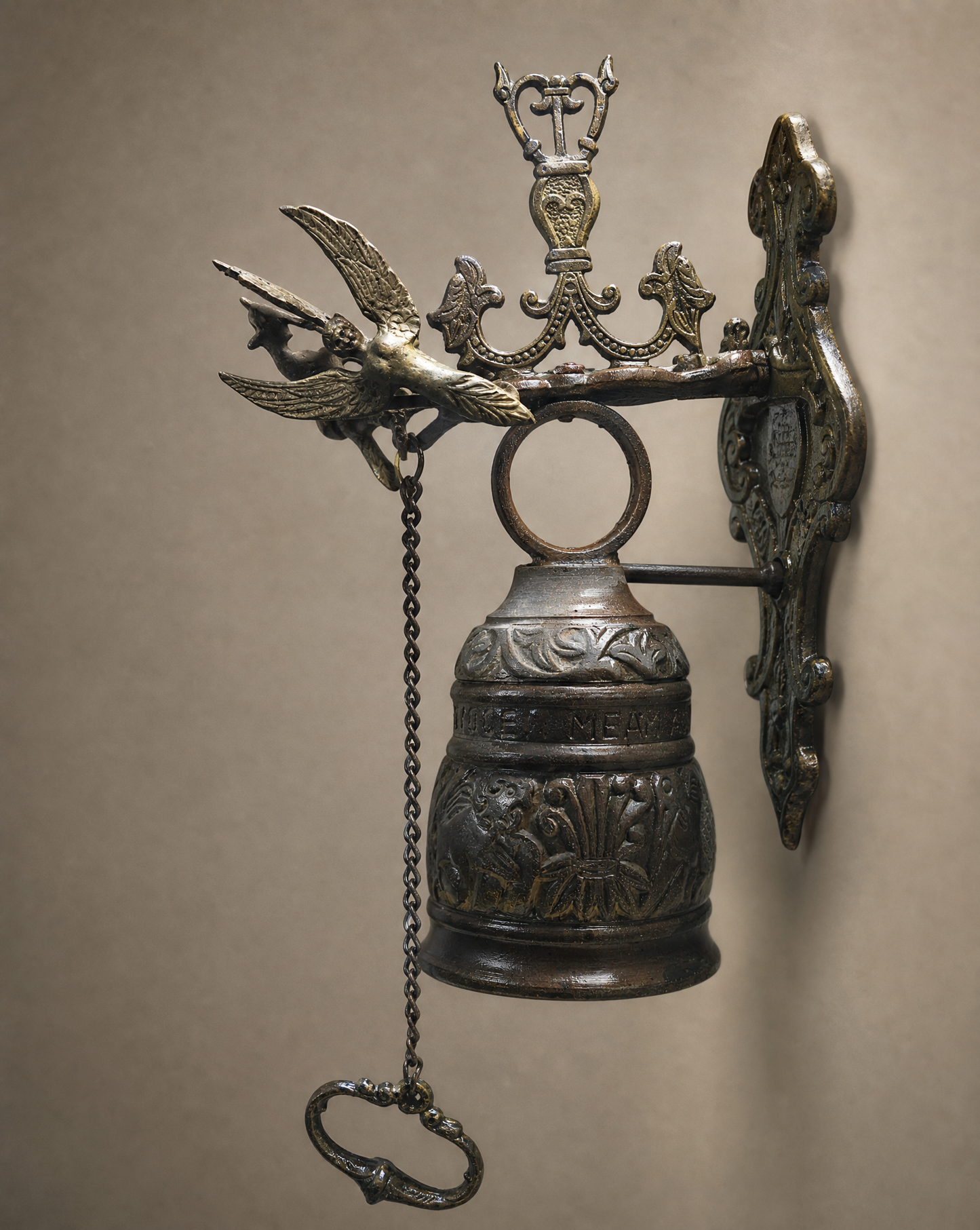 Vintage Cast Iron Angel Wall Bell with Latin Inscription – Victorian Style