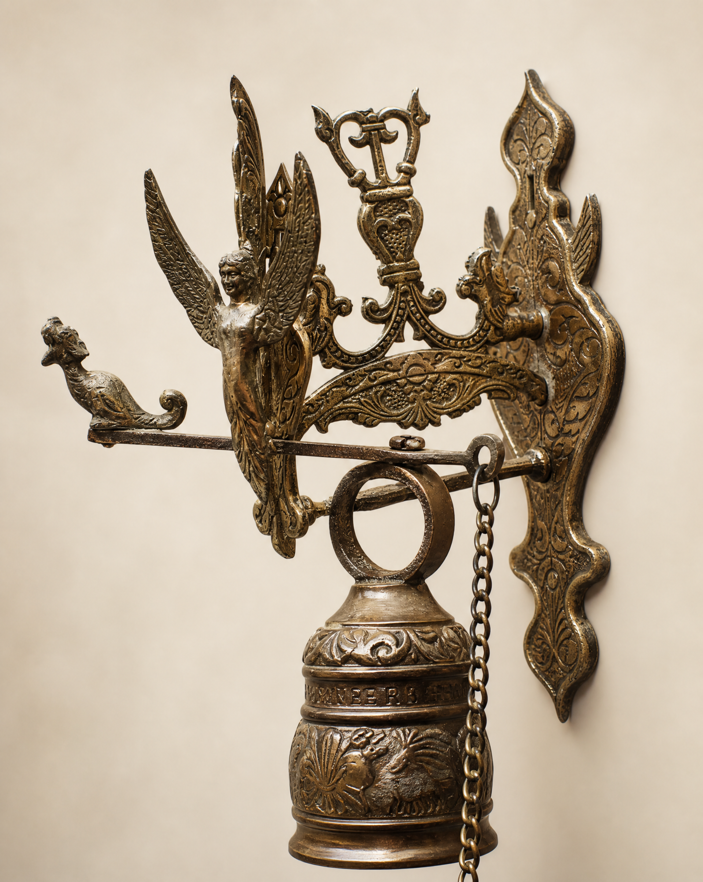Vintage Cast Iron Angel Wall Bell with Latin Inscription – Victorian Style