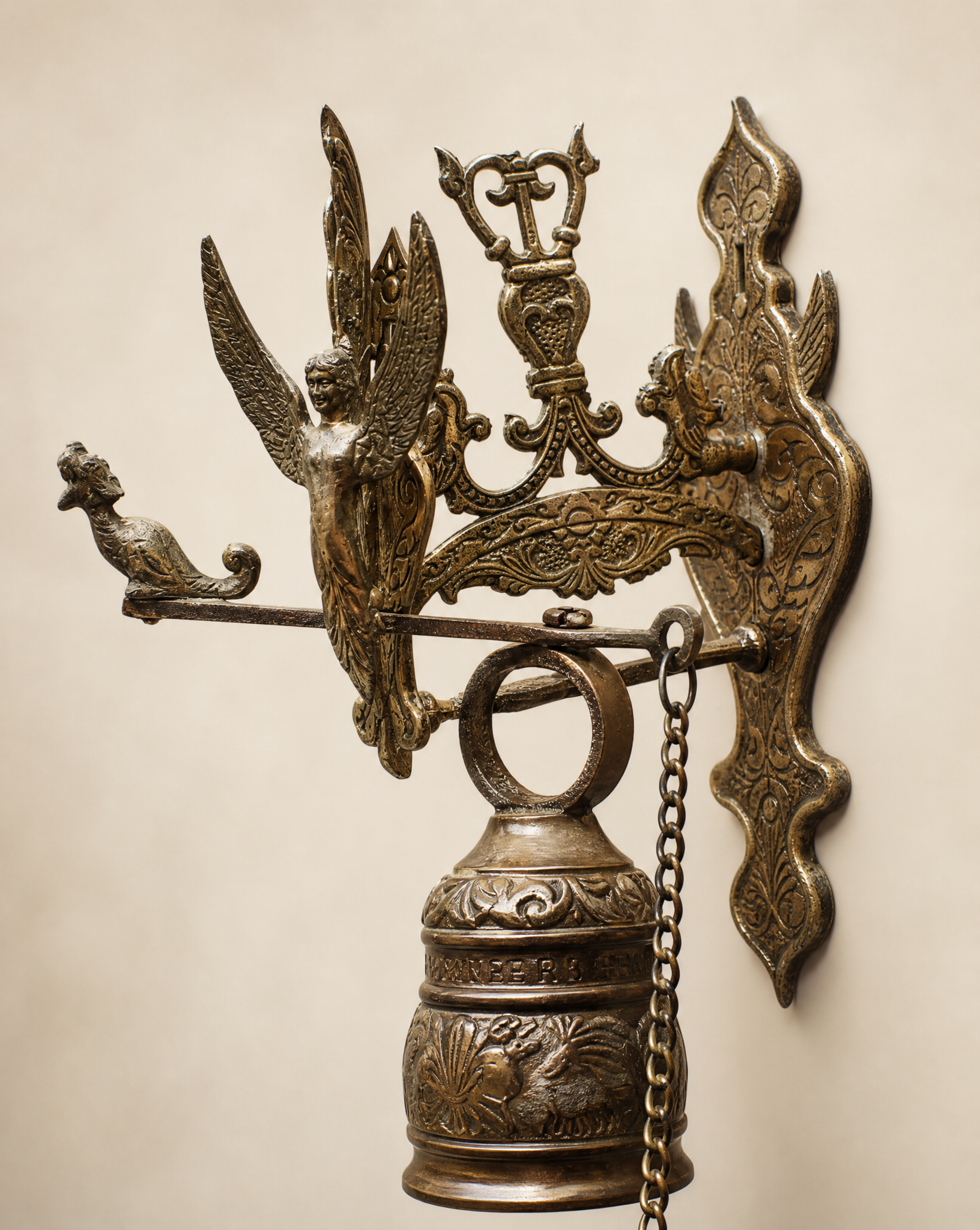 Vintage Cast Iron Angel Wall Bell with Latin Inscription – Victorian Style