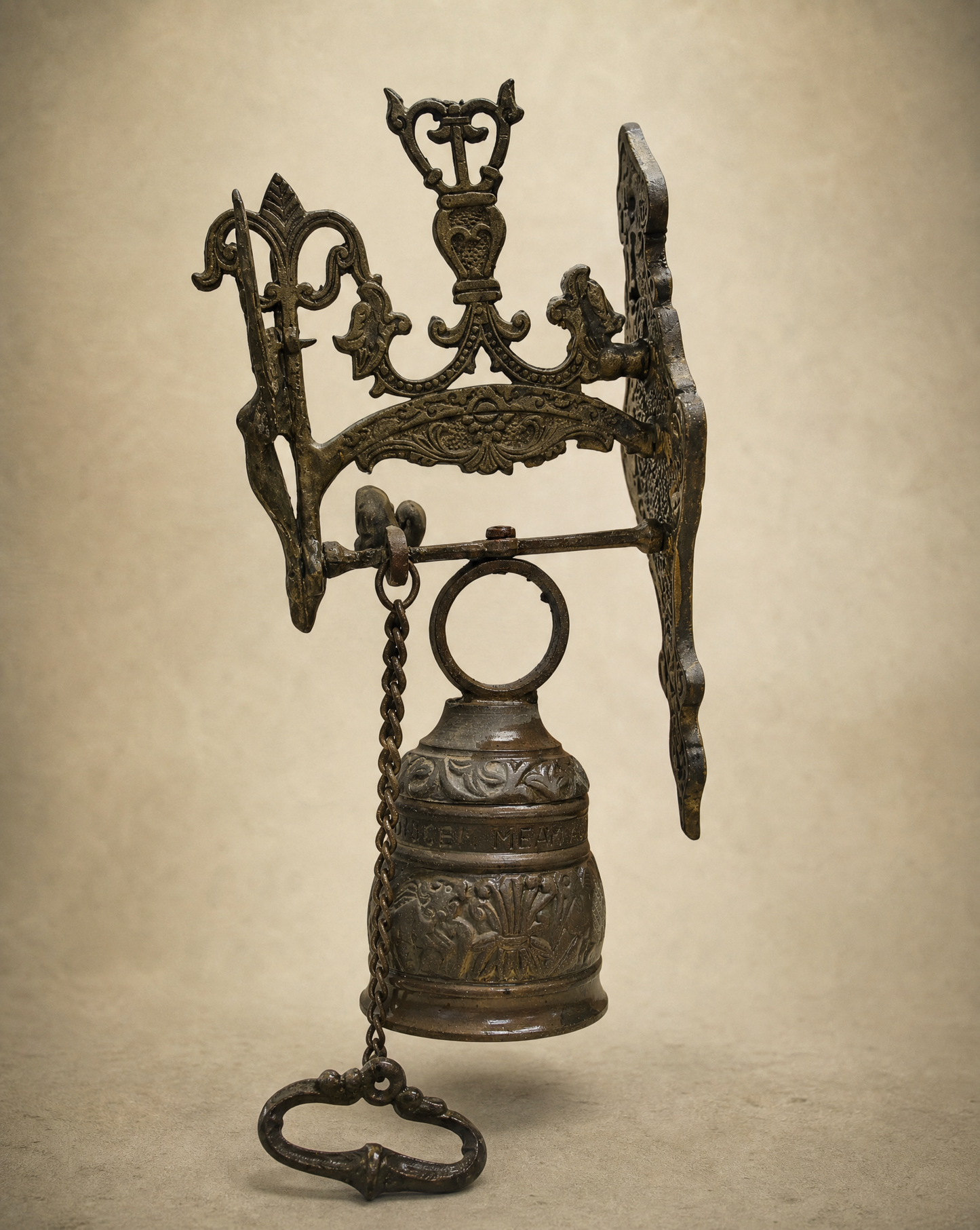 Vintage Cast Iron Angel Wall Bell with Latin Inscription – Victorian Style