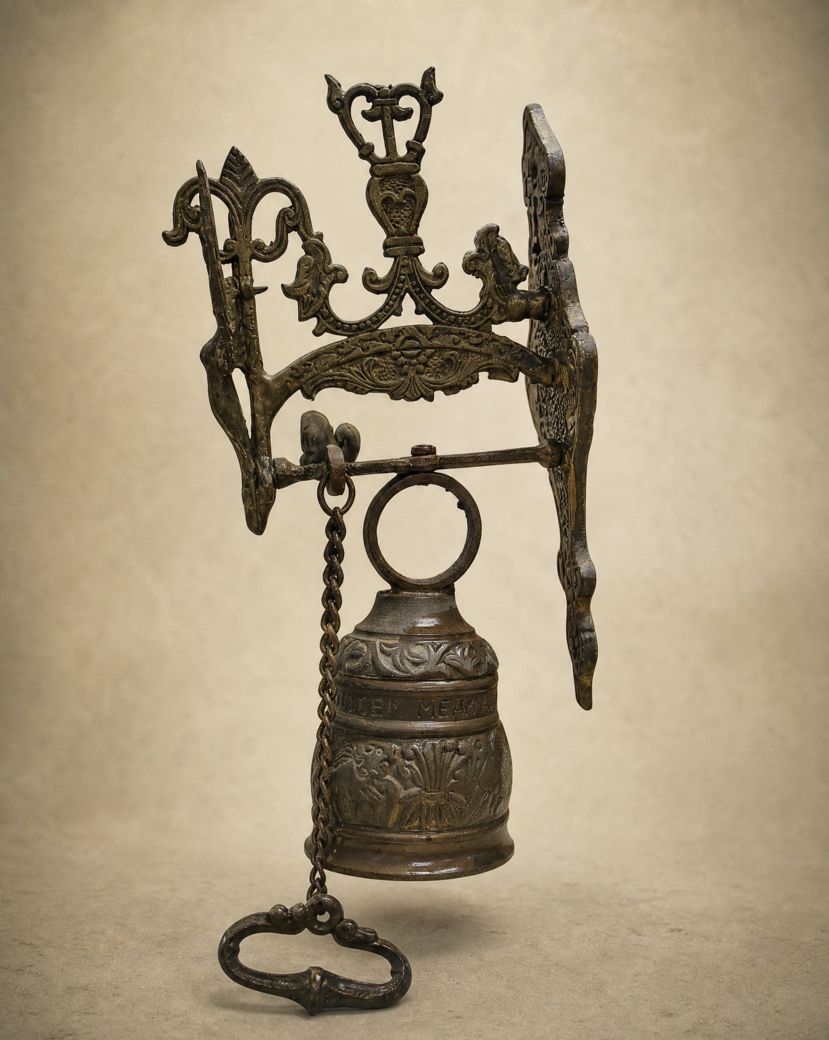 Vintage Cast Iron Angel Wall Bell with Latin Inscription – Victorian Style