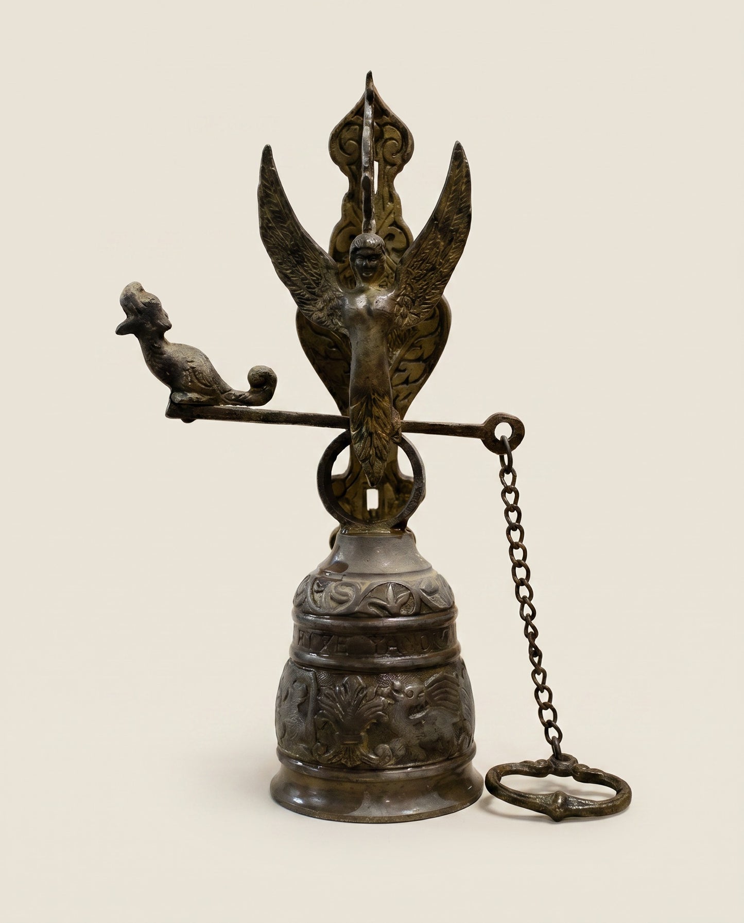 Vintage Cast Iron Angel Wall Bell with Latin Inscription – Victorian Style