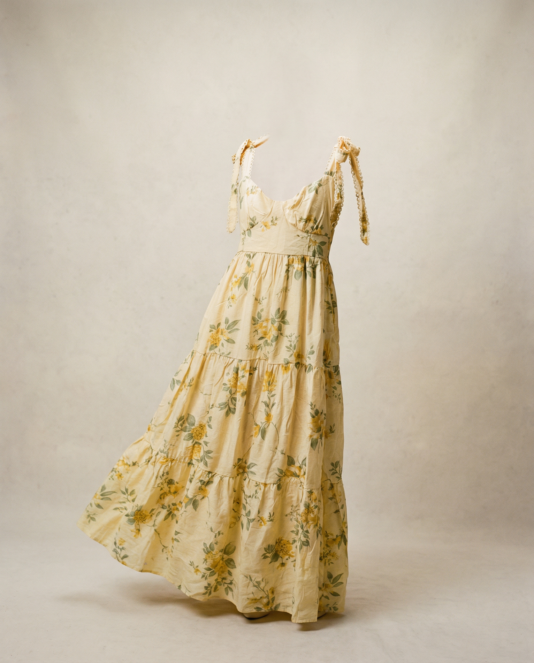 Yellow Floral Tiered Maxi Dress - L