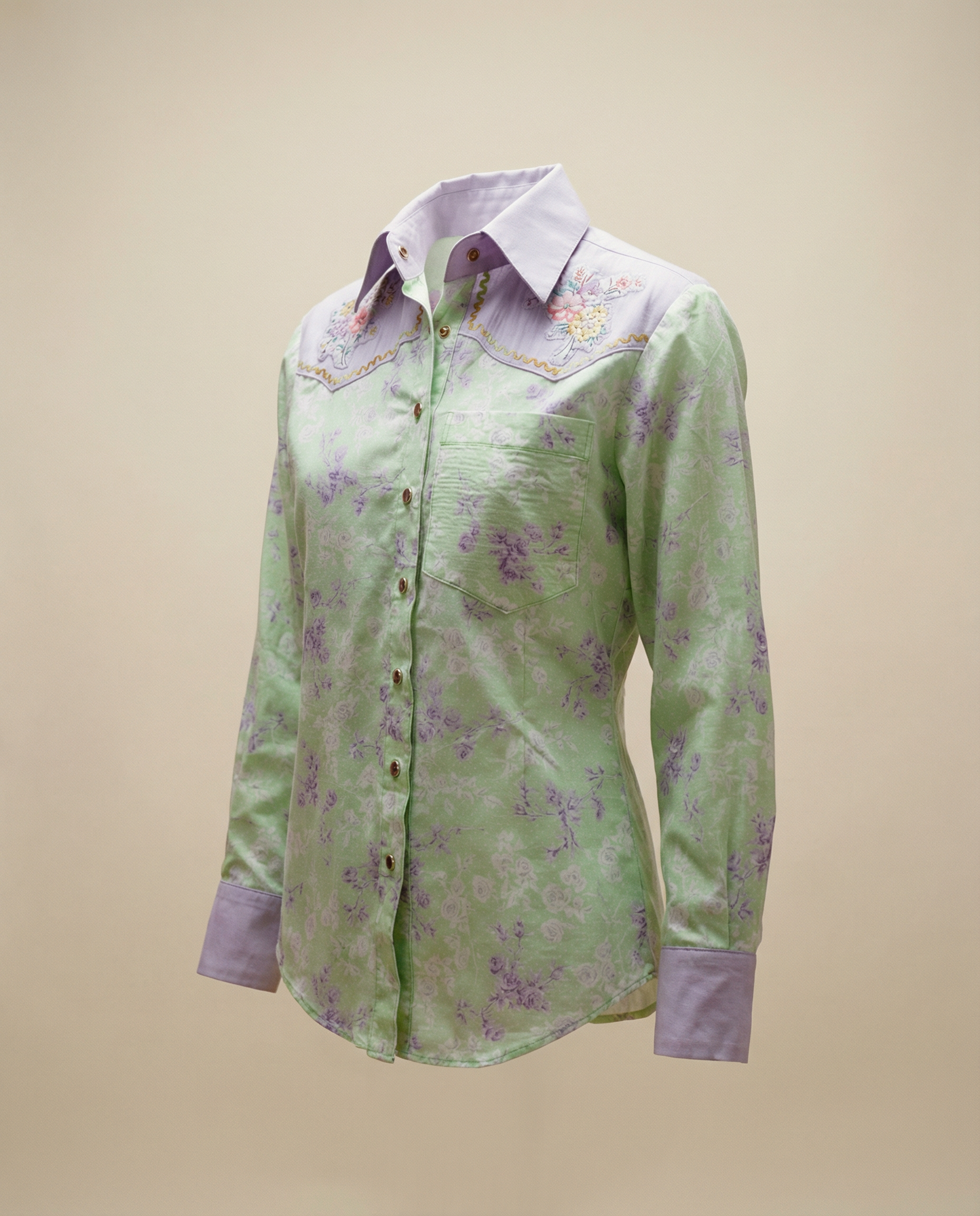 Vintage Pastel Floral Western Button-Up Shirt - S
