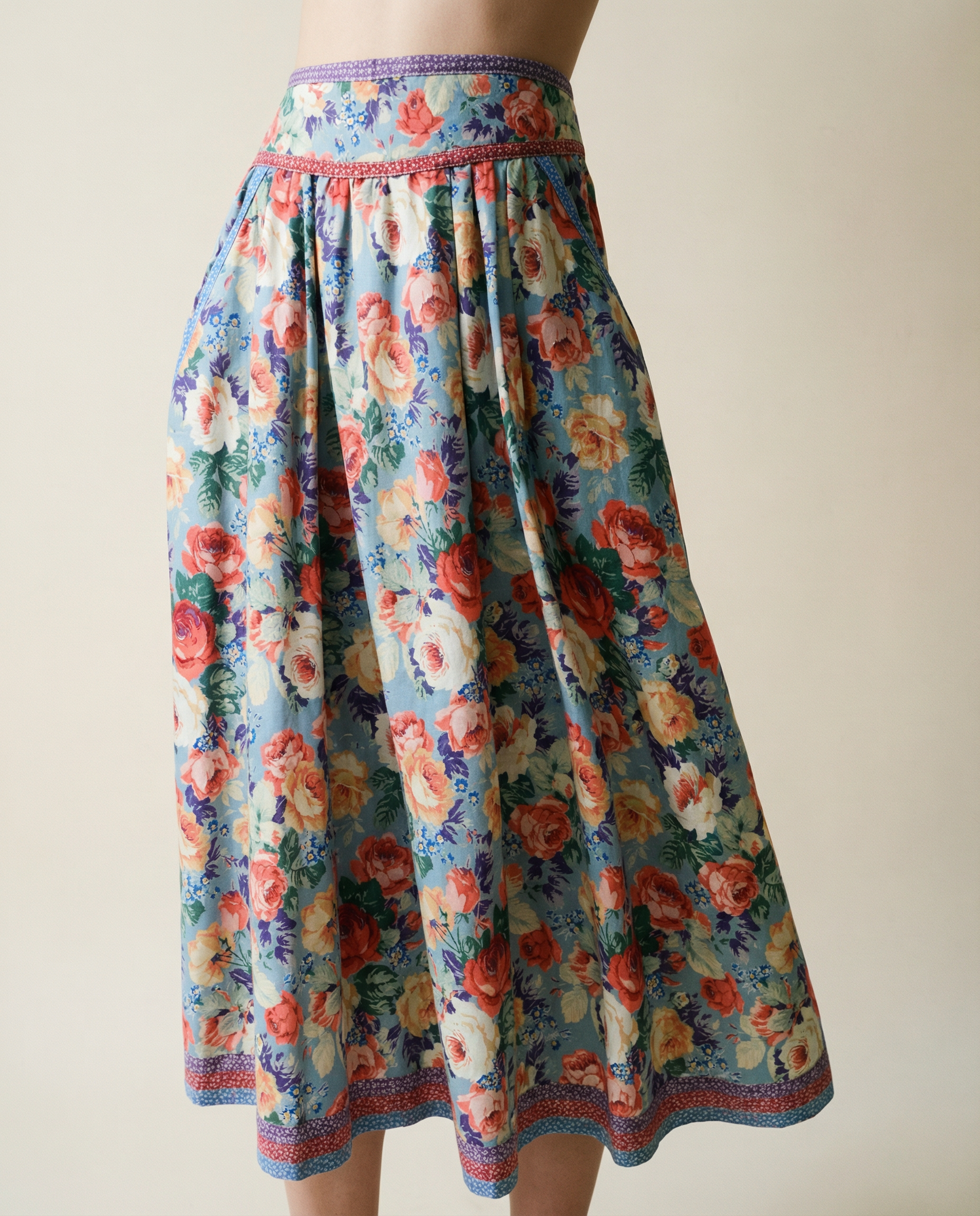 Vintage Blue Floral Full Midi Skirt
