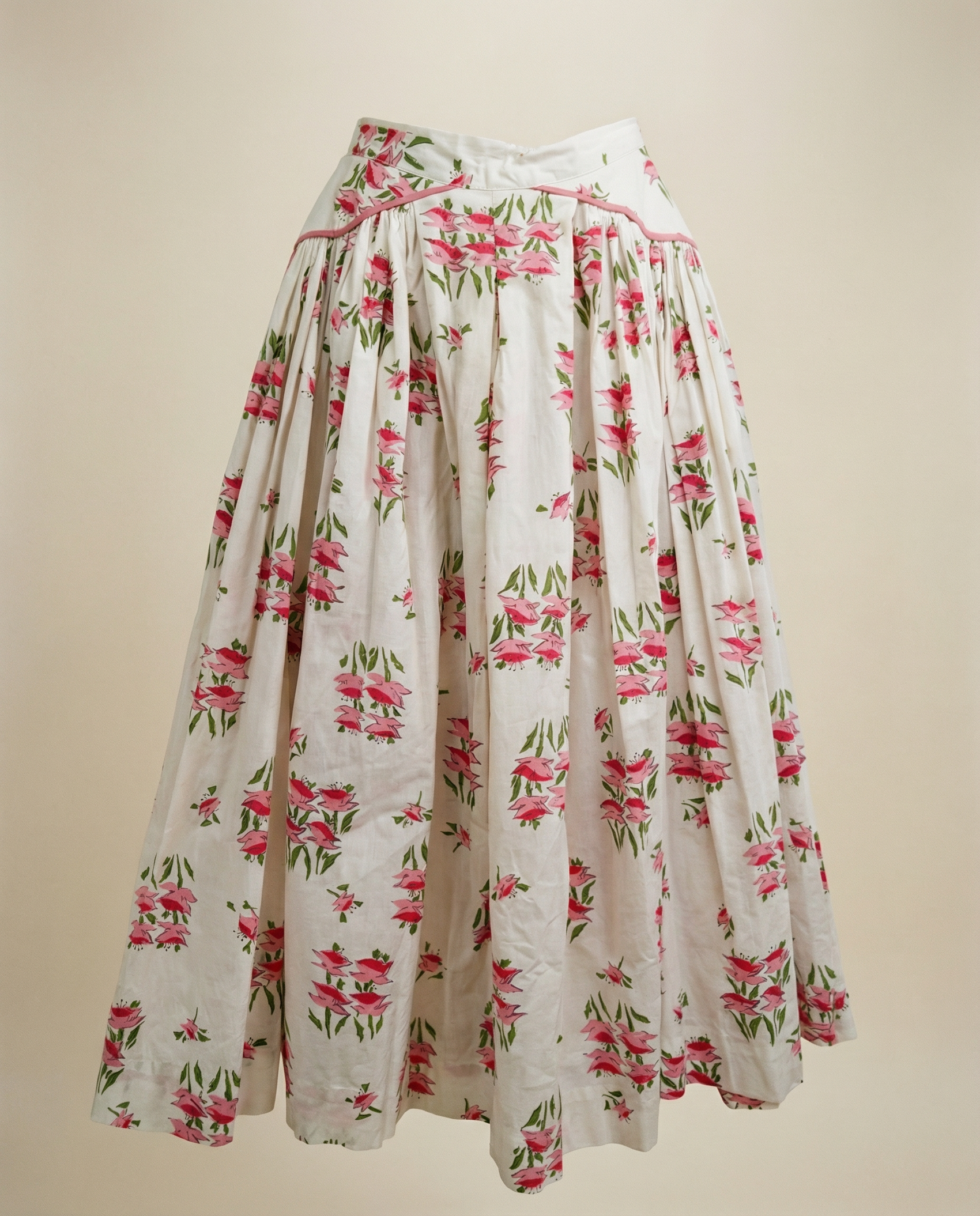 Vintage Pink Floral Full Cotton Skirt - XS