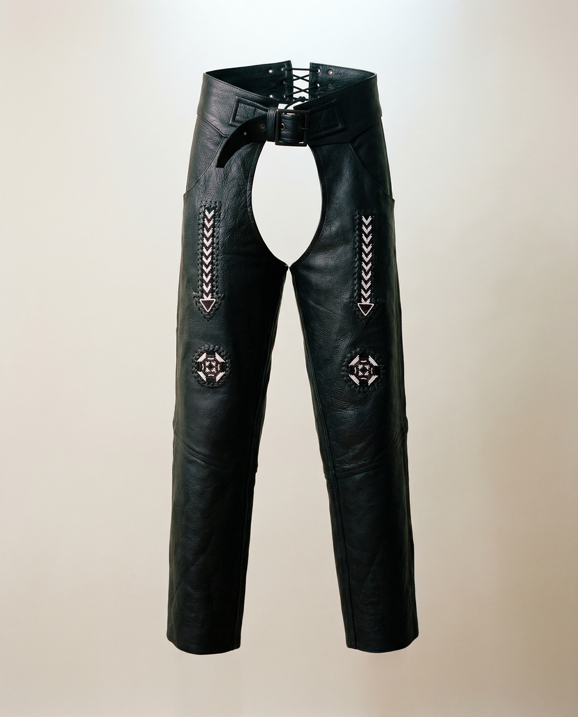 Leather Motorcycle Chaps with Beaded Detail – Size Small – That Old Thing