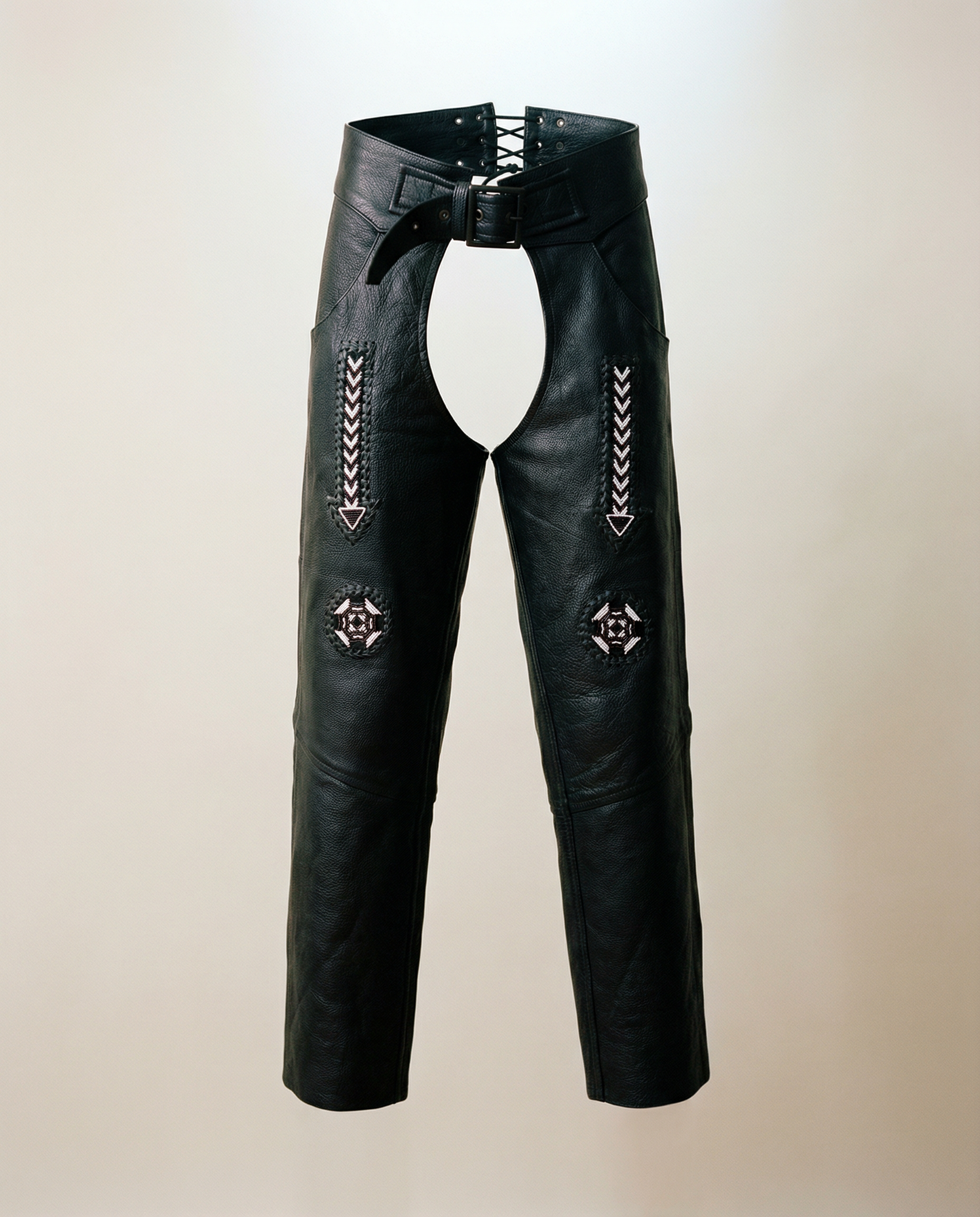 Leather Motorcycle Chaps with Beaded Detail – Size Small