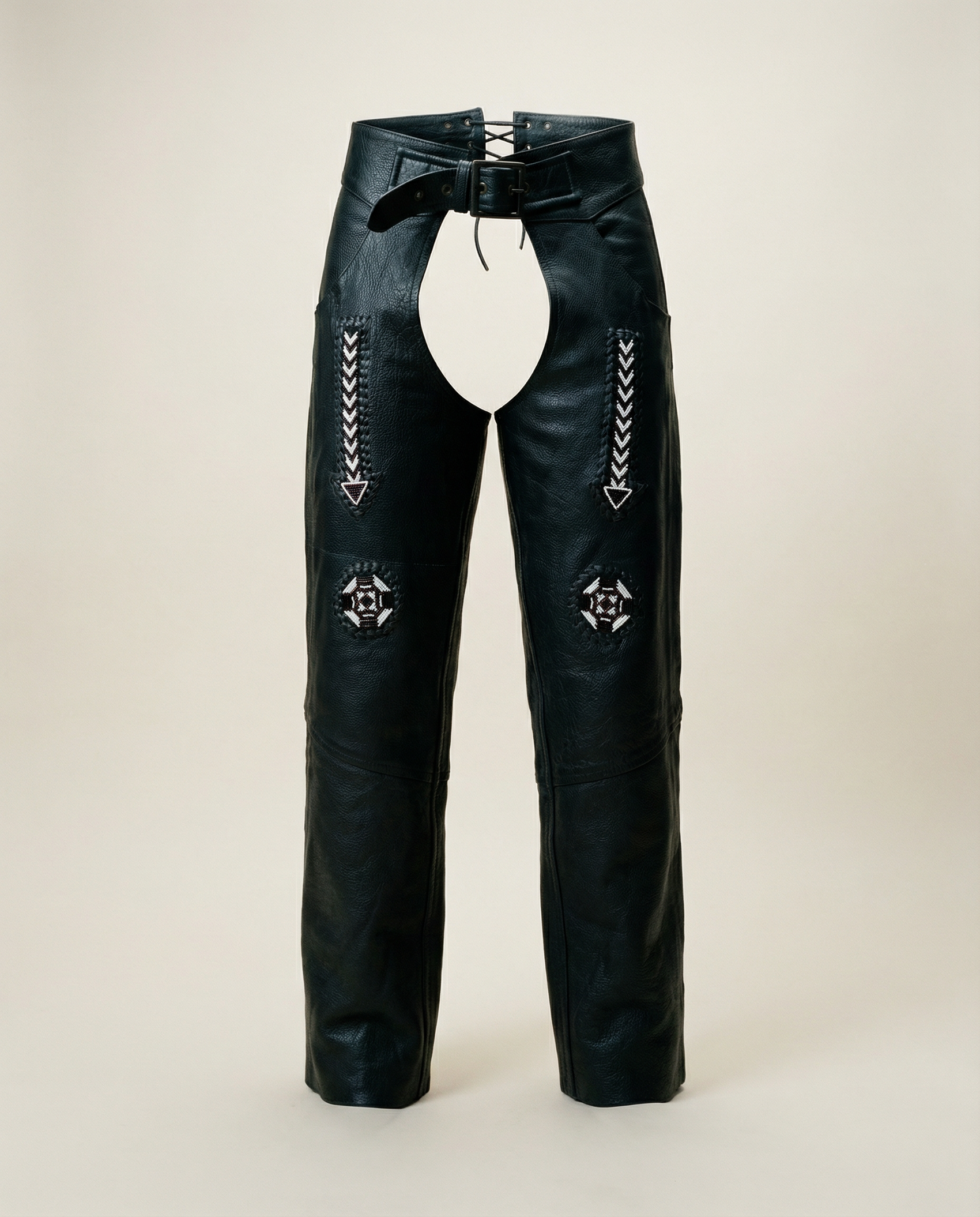 Leather Motorcycle Chaps with Beaded Detail – Size Small