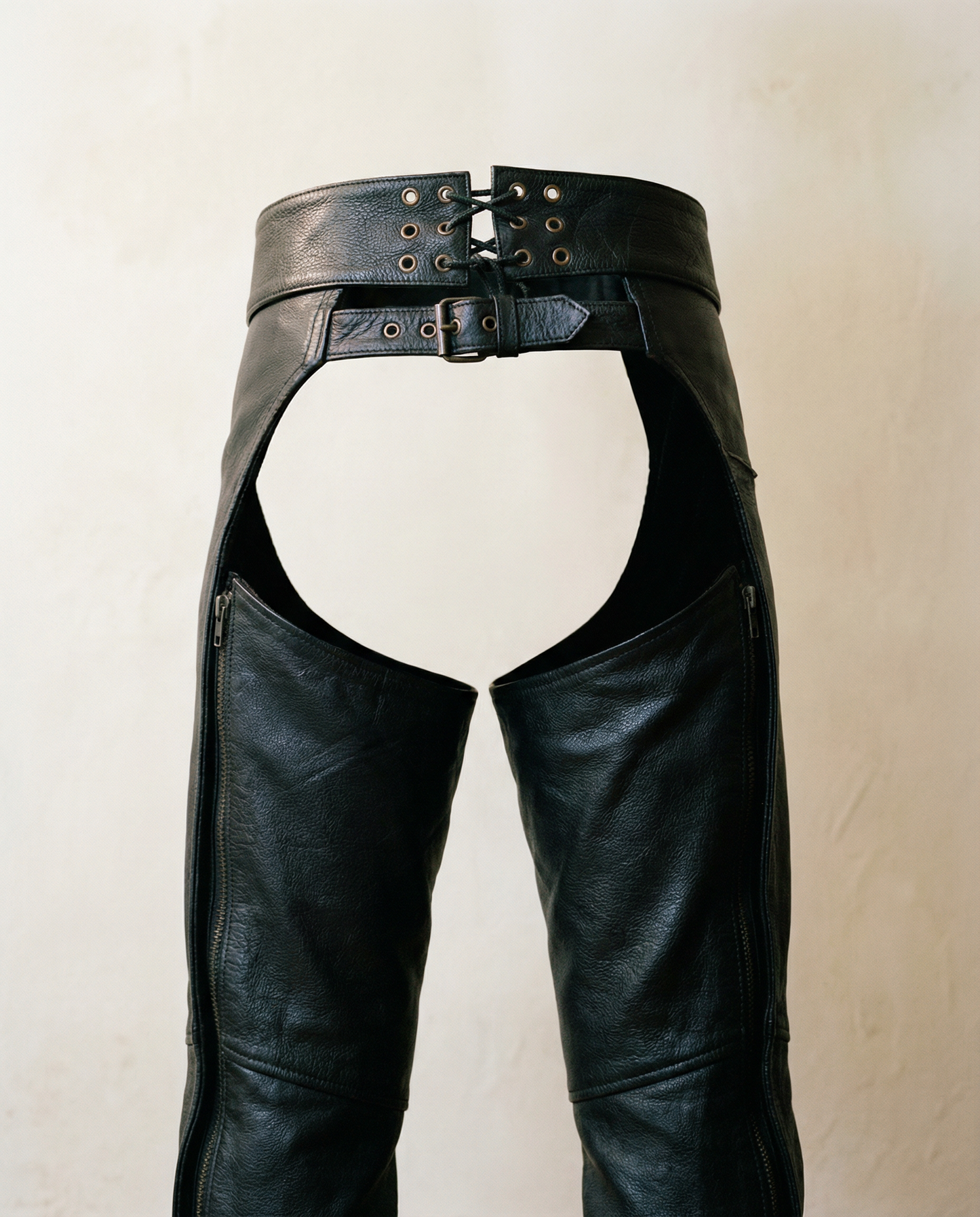 Leather Motorcycle Chaps with Beaded Detail – Size Small