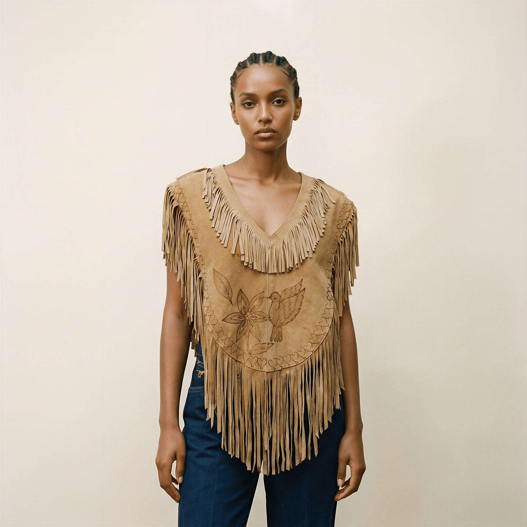 Hand Crafted Suede Leather Fringe Poncho with Hummingbird & Floral Tooling