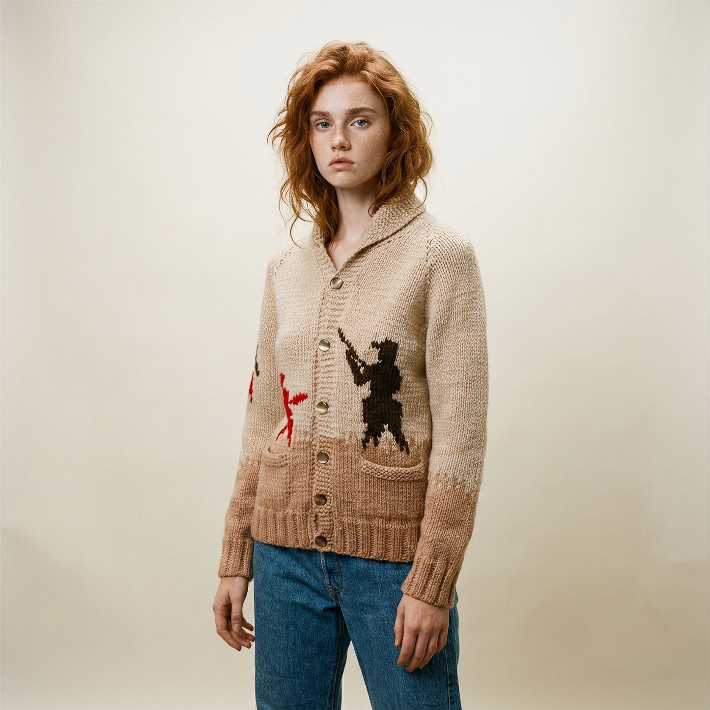 Vintage Hand-Knit Western Hunting Sweater – 1970s Cowichan-Style Wool Cardigan