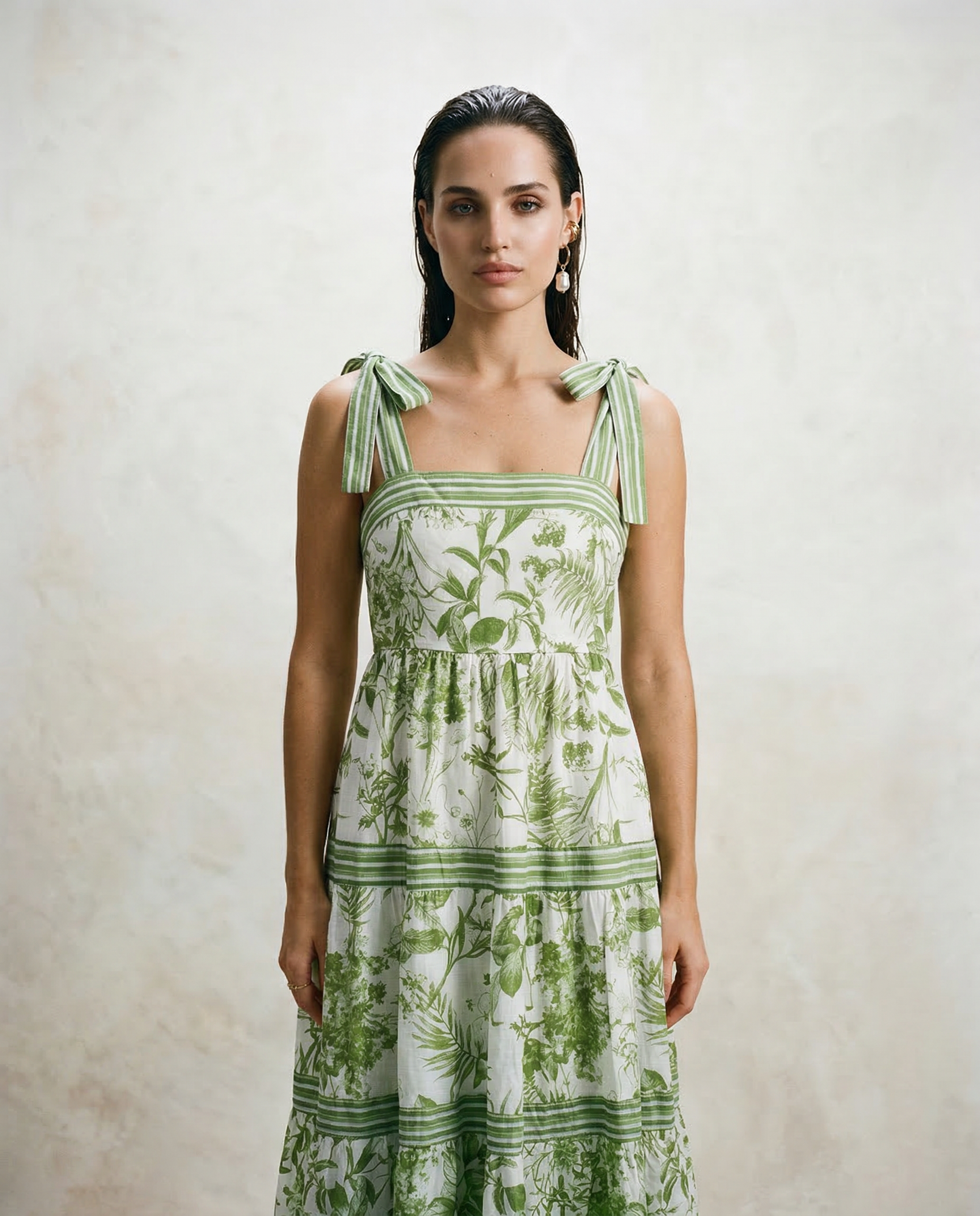 Vintage Green Botanical Tie Strap Midi Dress - M