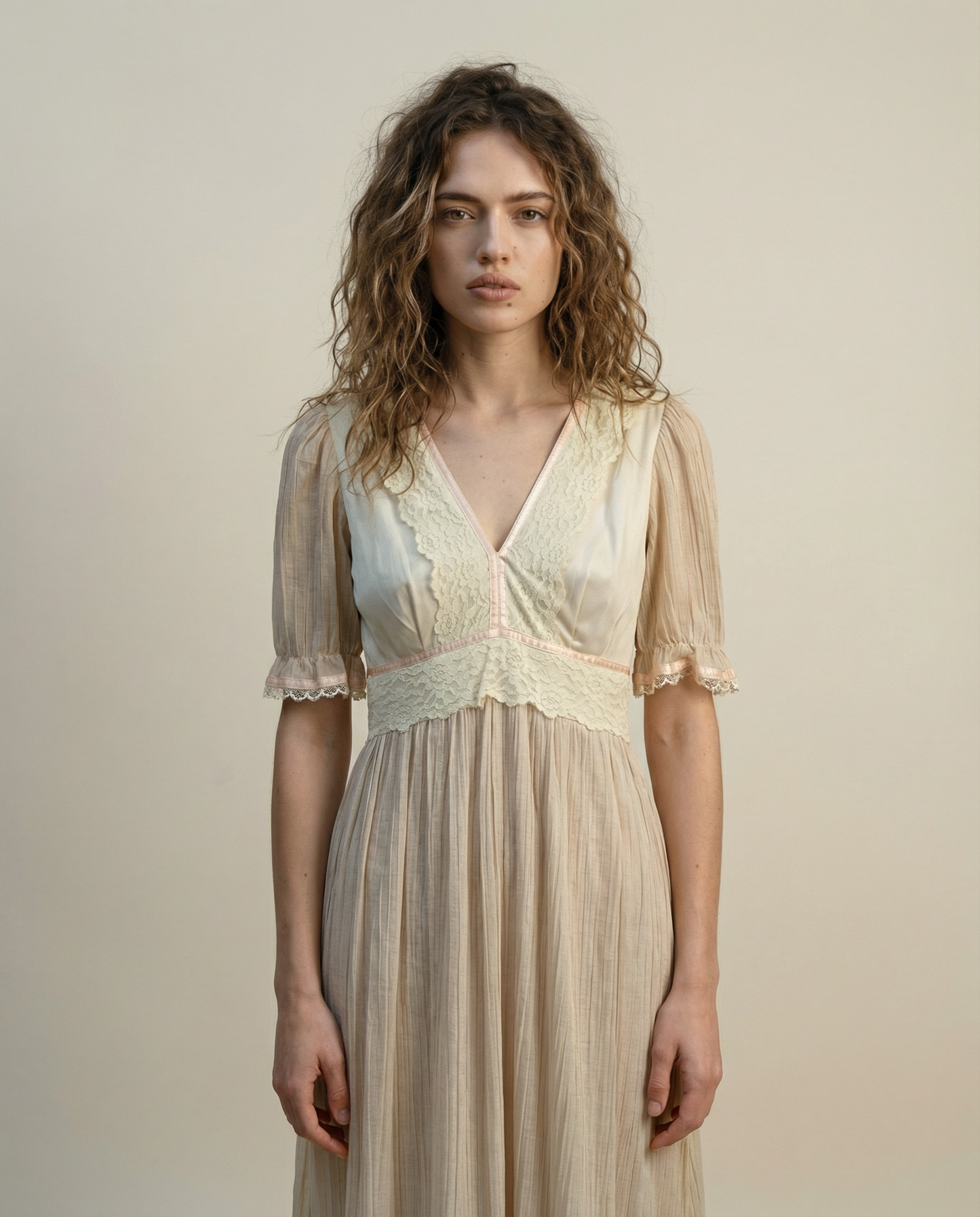 Vintage Cream Lace Trim Prairie Maxi Dress - M