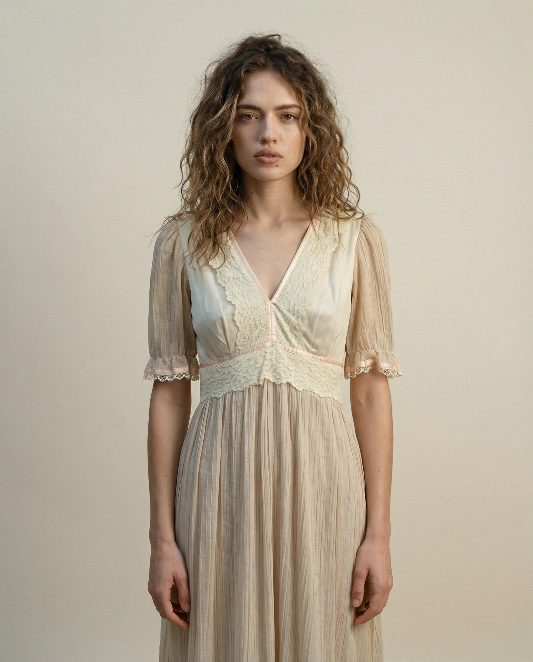 Vintage Cream Lace Trim Prairie Maxi Dress - M
