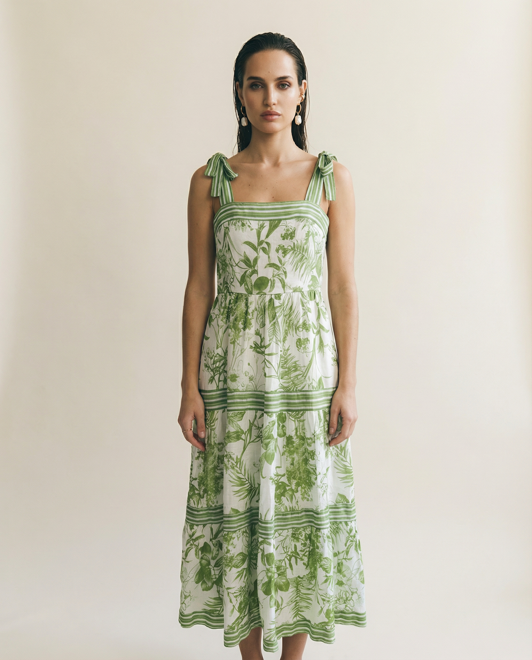Vintage Green Botanical Tie Strap Midi Dress - M