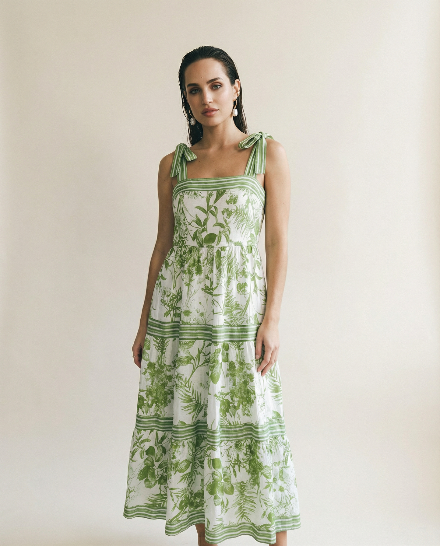 Vintage Green Botanical Tie Strap Midi Dress - M