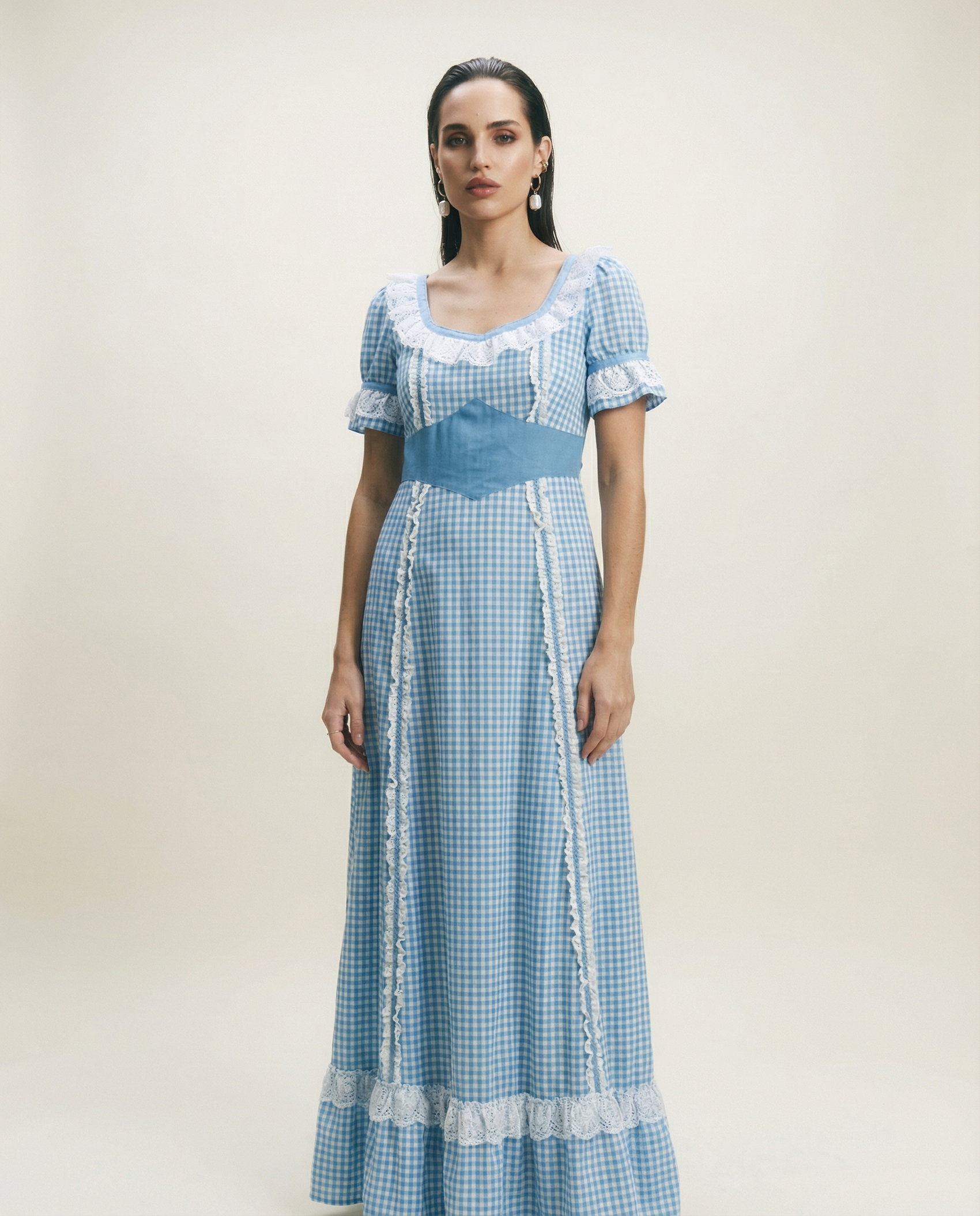 Vintage Prairie Gingham Lace Trim Maxi Dress