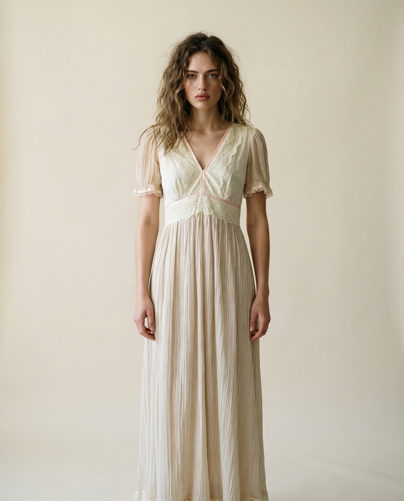 Vintage Cream Lace Trim Prairie Maxi Dress - M