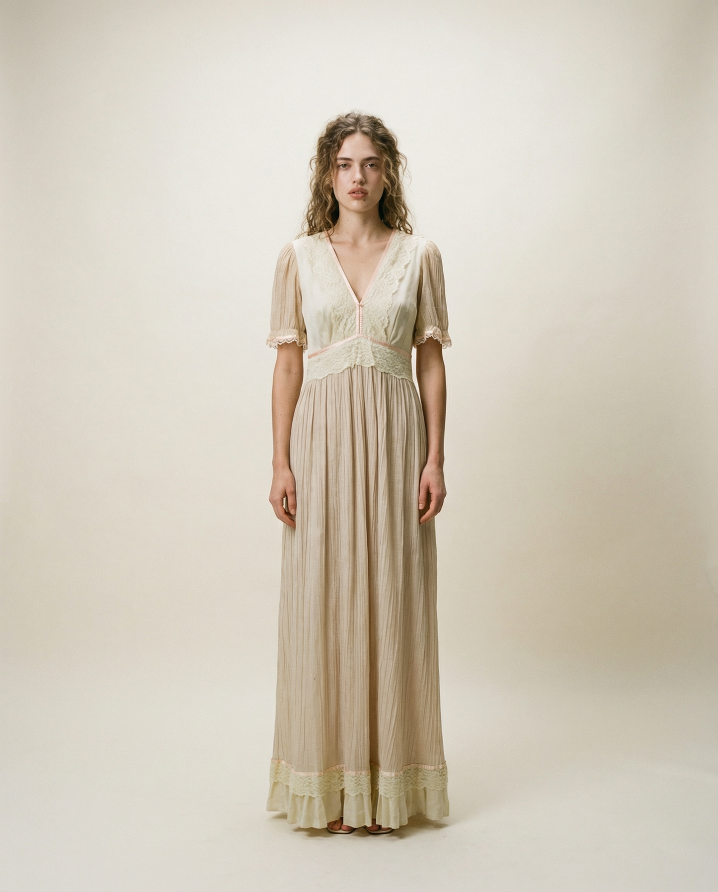 Vintage Cream Lace Trim Prairie Maxi Dress - M