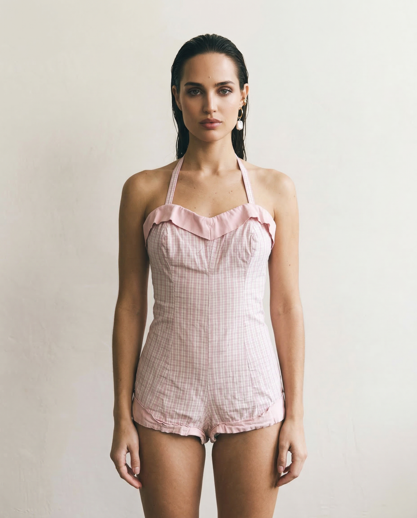 Vintage Pink Plaid Corset Style Swimsuit