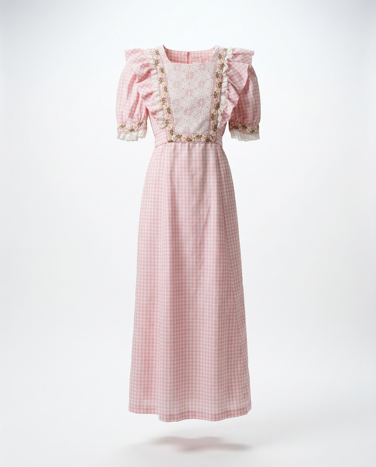 Vintage Pink Gingham Lace Trim Prairie Maxi Dress