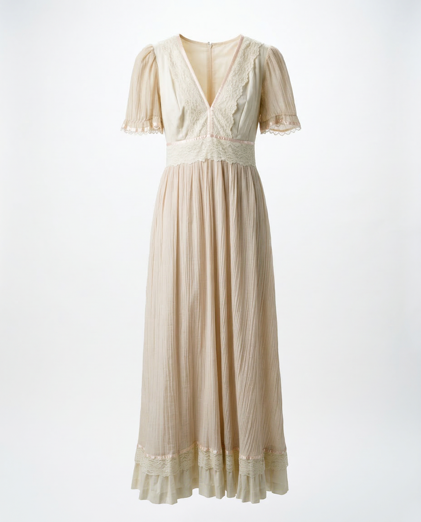 Vintage Cream Lace Trim Prairie Maxi Dress - M