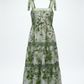 Vintage Green Botanical Tie Strap Midi Dress - M