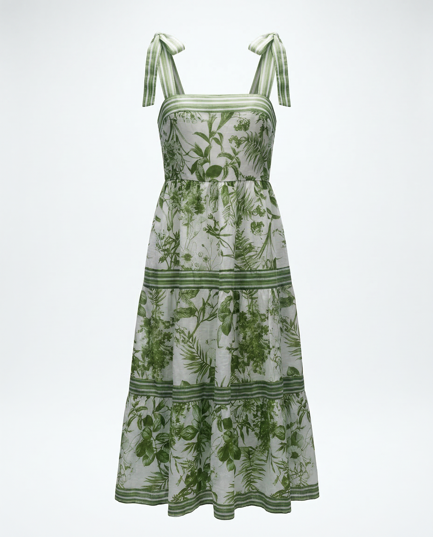 Vintage Green Botanical Tie Strap Midi Dress - M