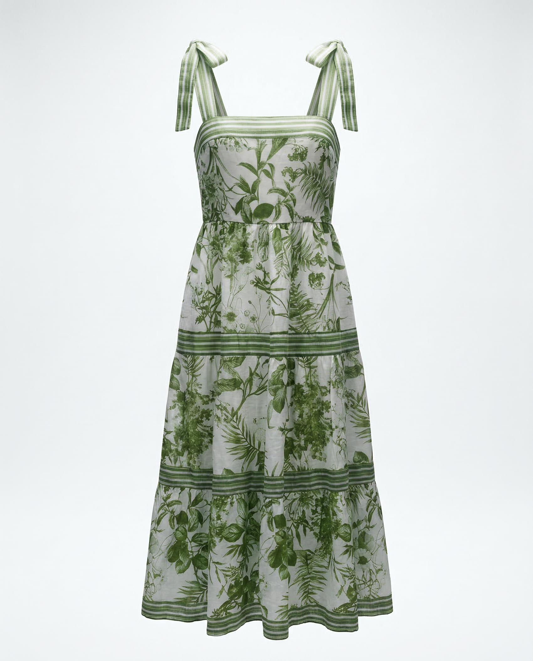 Vintage Green Botanical Tie Strap Midi Dress - M