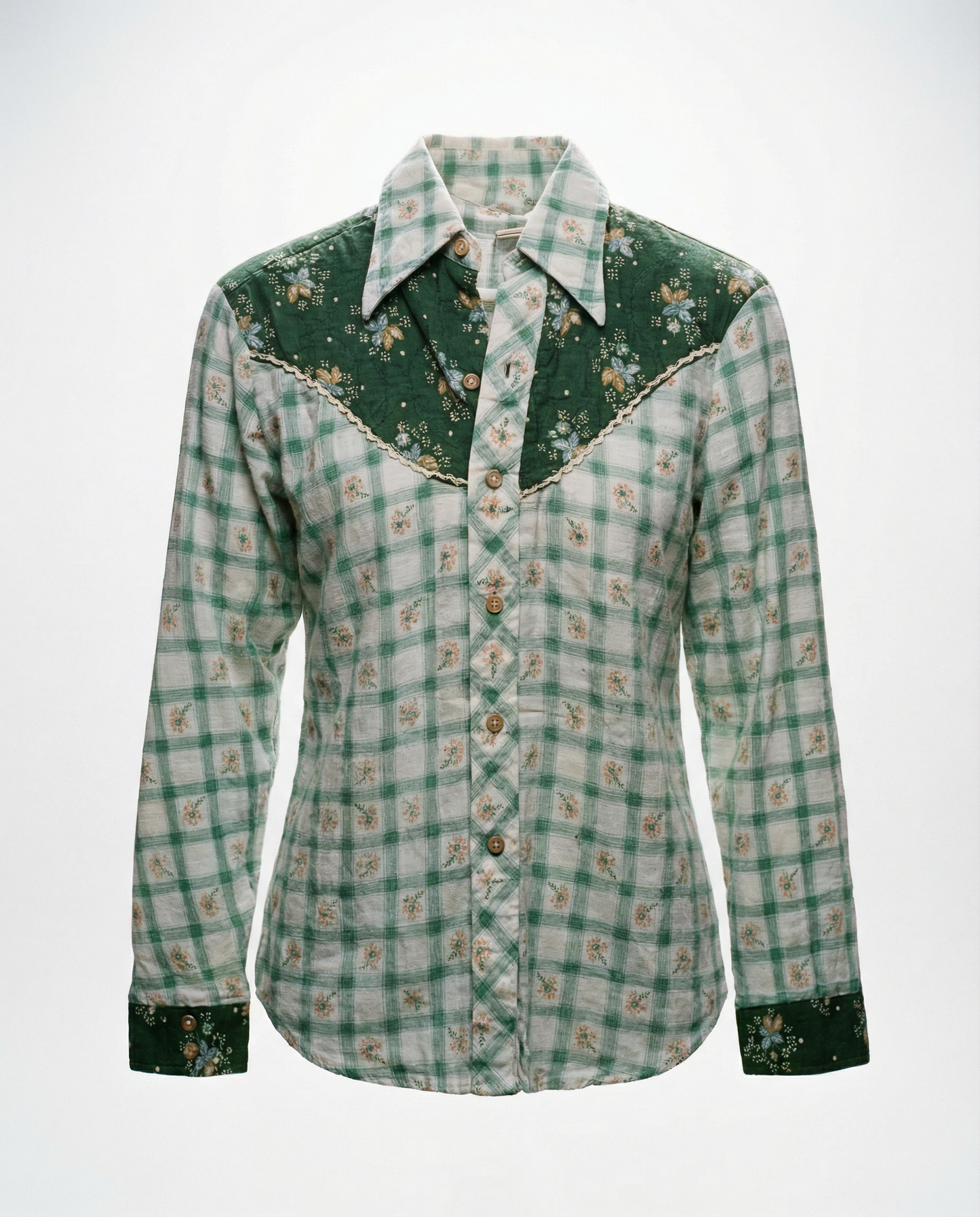Vintage Green Floral Plaid Western Prairie Blouse - L
