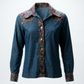 Vintage Denim Blouse with Floral Contrast Trim