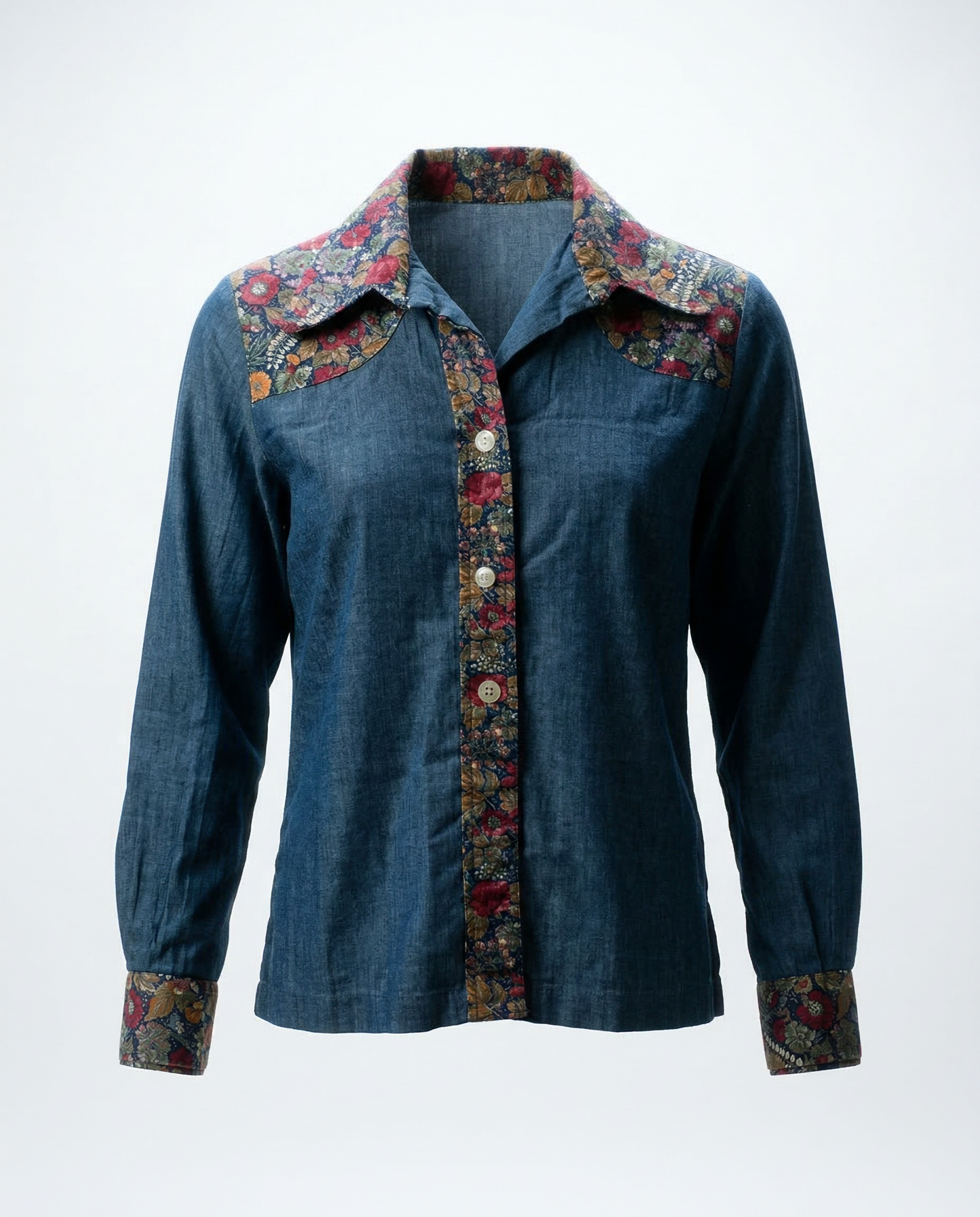 Vintage Denim Blouse with Floral Contrast Trim