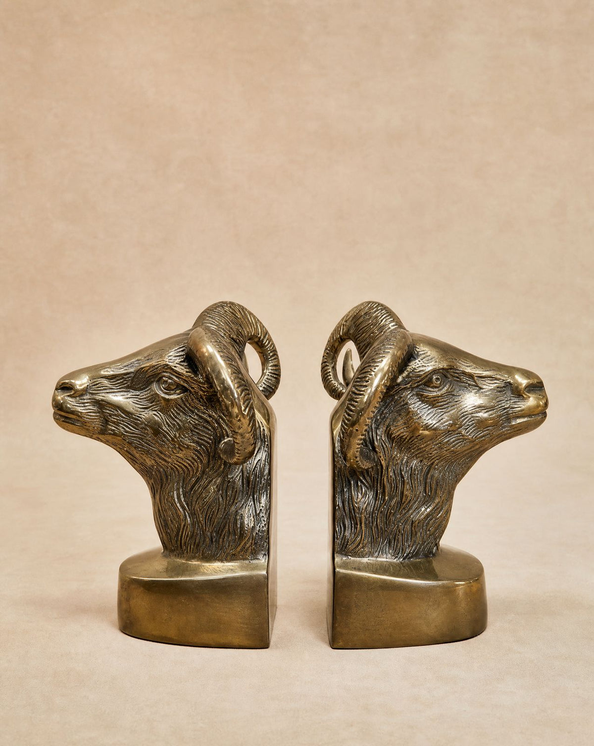 Pair of Vintage Solid Brass Ram Head Bookends