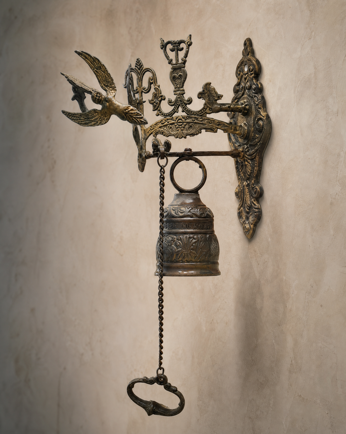 Vintage Cast Iron Angel Wall Bell with Latin Inscription – Victorian Style