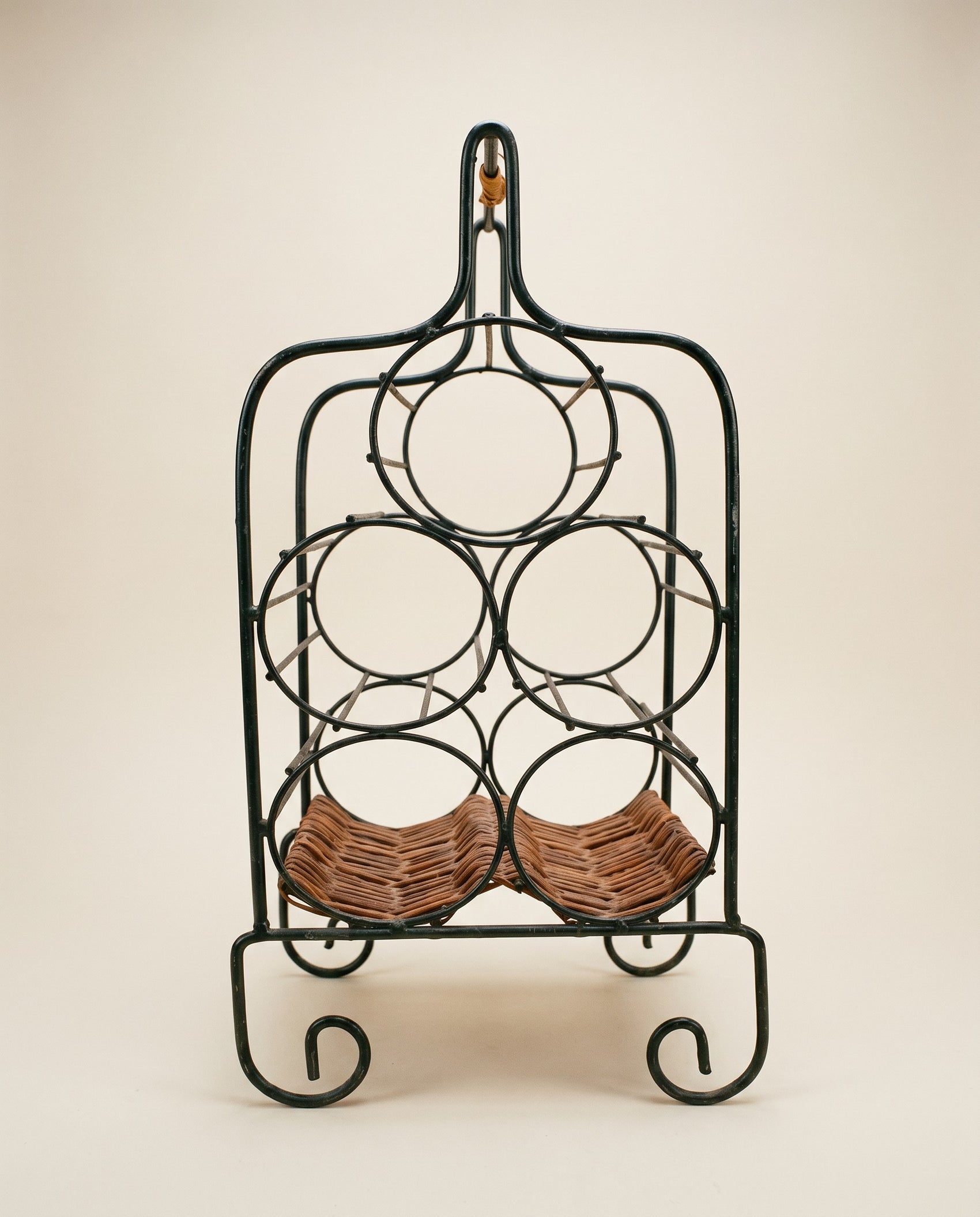 Vintage Wrought Iron Wine Rack with Wicker Base – 5 Bottle Holder