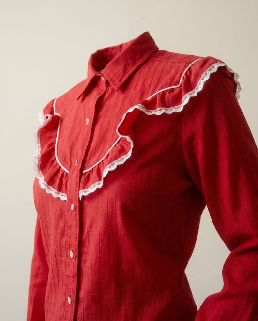 Vintage Red Western Ruffle Blouse | Size XS–S