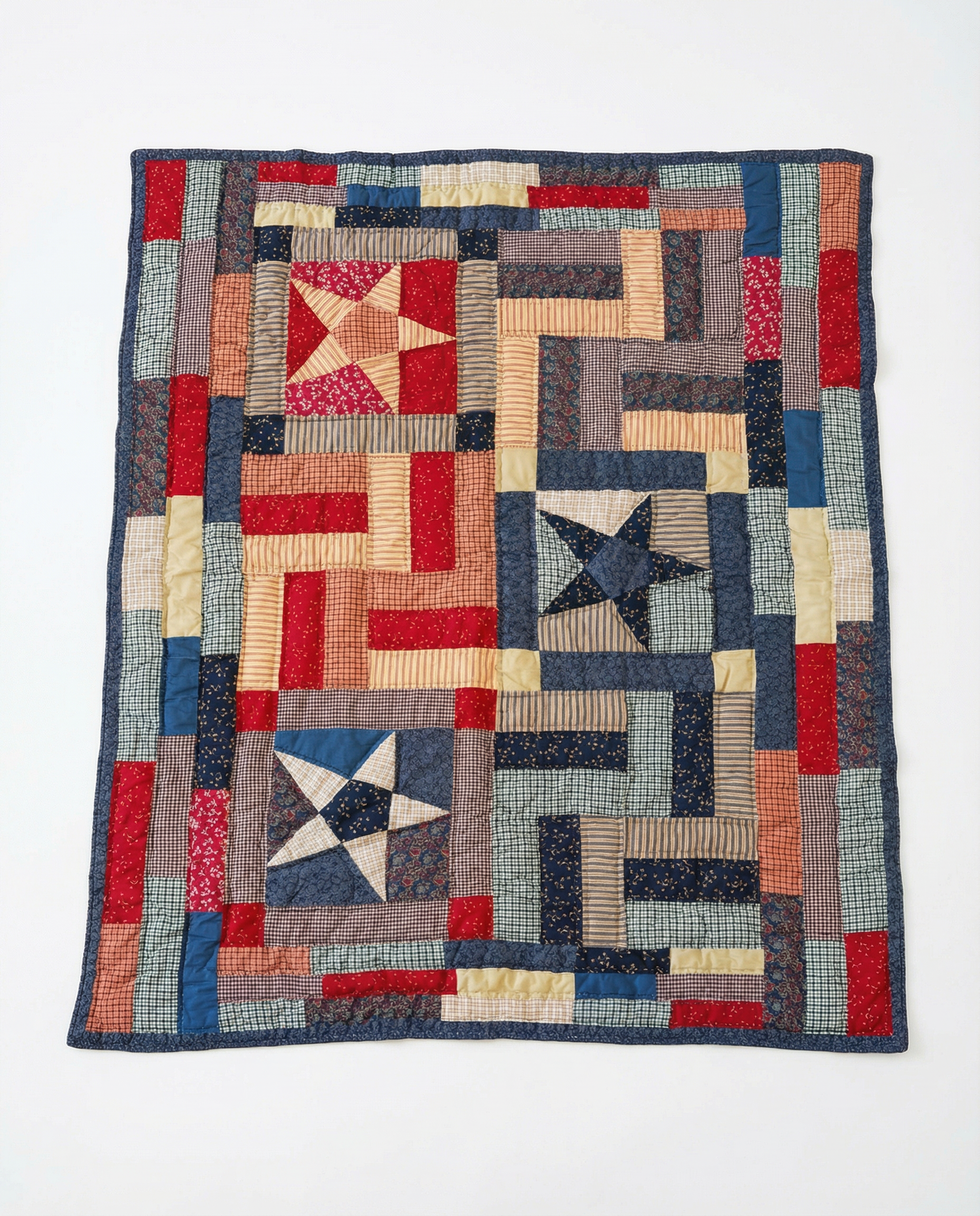 Handmade Patchwork Star Quilt – Americana Folk Textile (45" x 45")