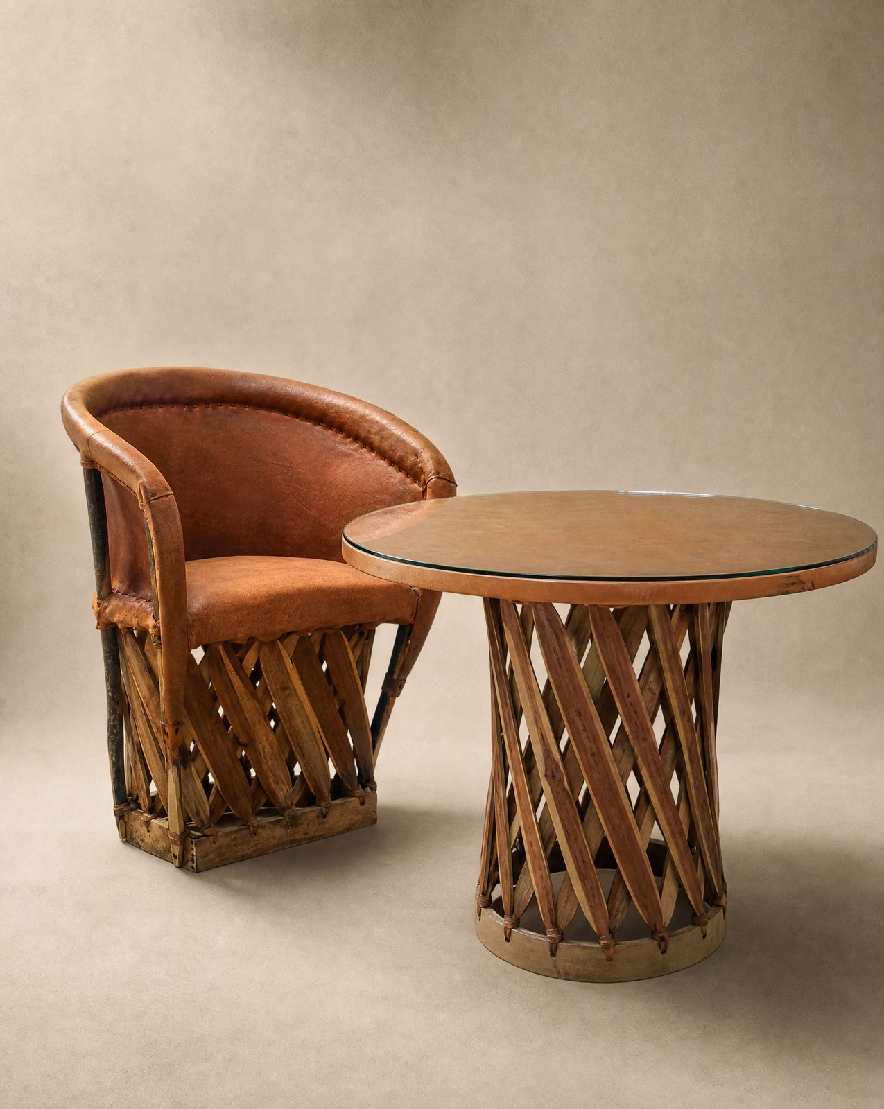 Vintage Genuine Leather Equipale 5-Piece Round Glass Dining Set with 4 Chairs