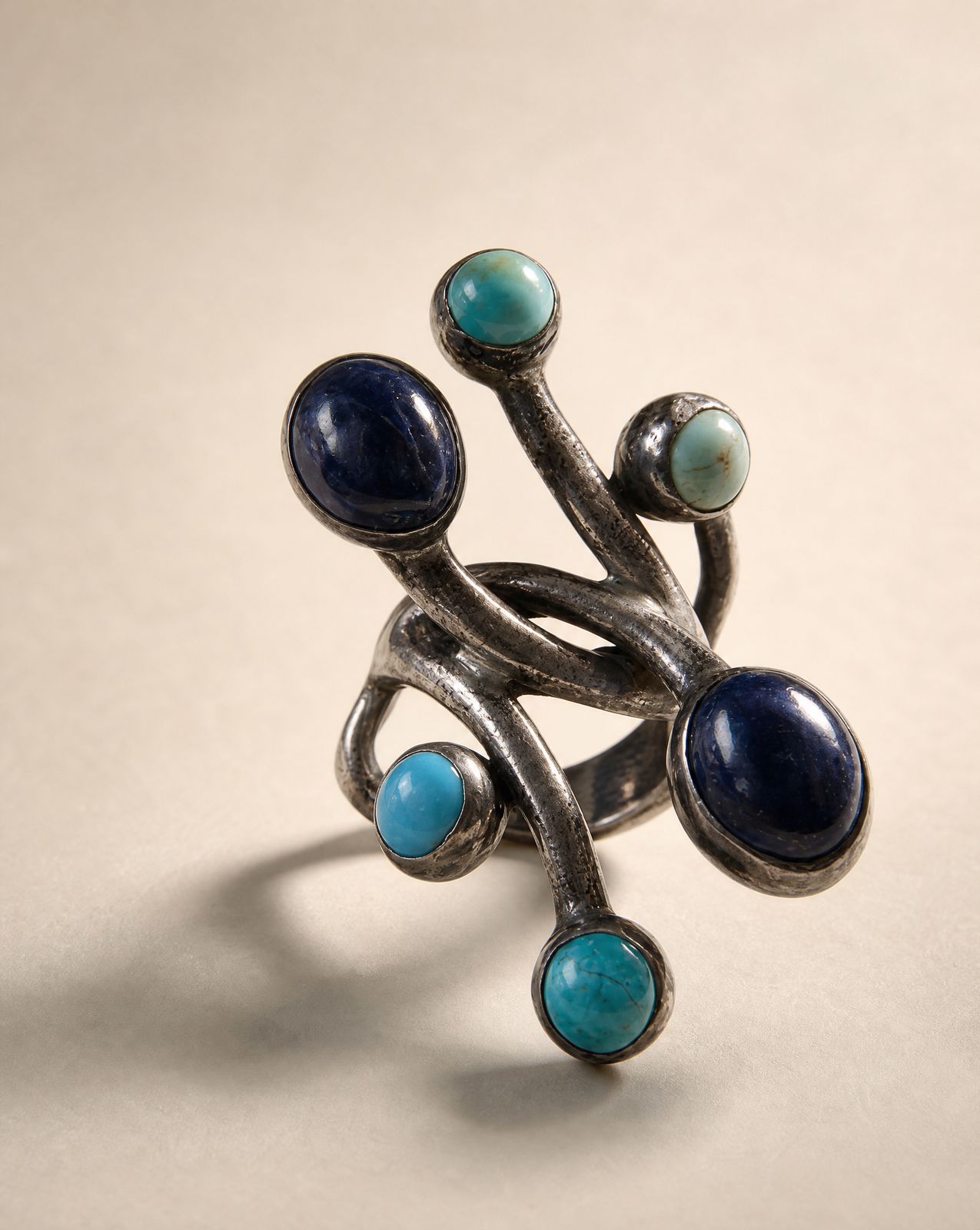 Taxco Sterling Silver Multi-Stone Modernist Ring – Lapis & Turquoise – Size 6