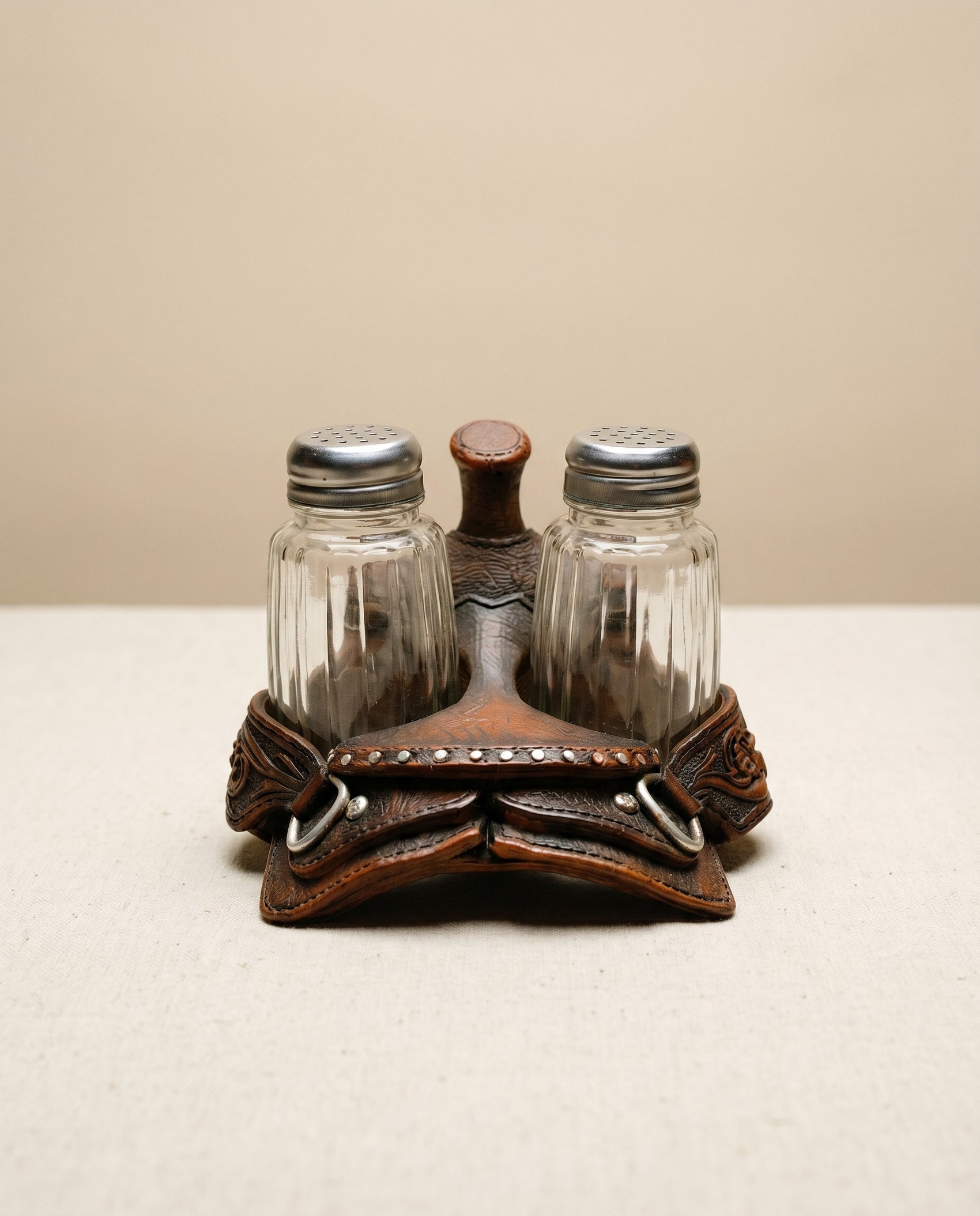 Vintage Western Saddle Salt & Pepper Shaker Set w/ Holder