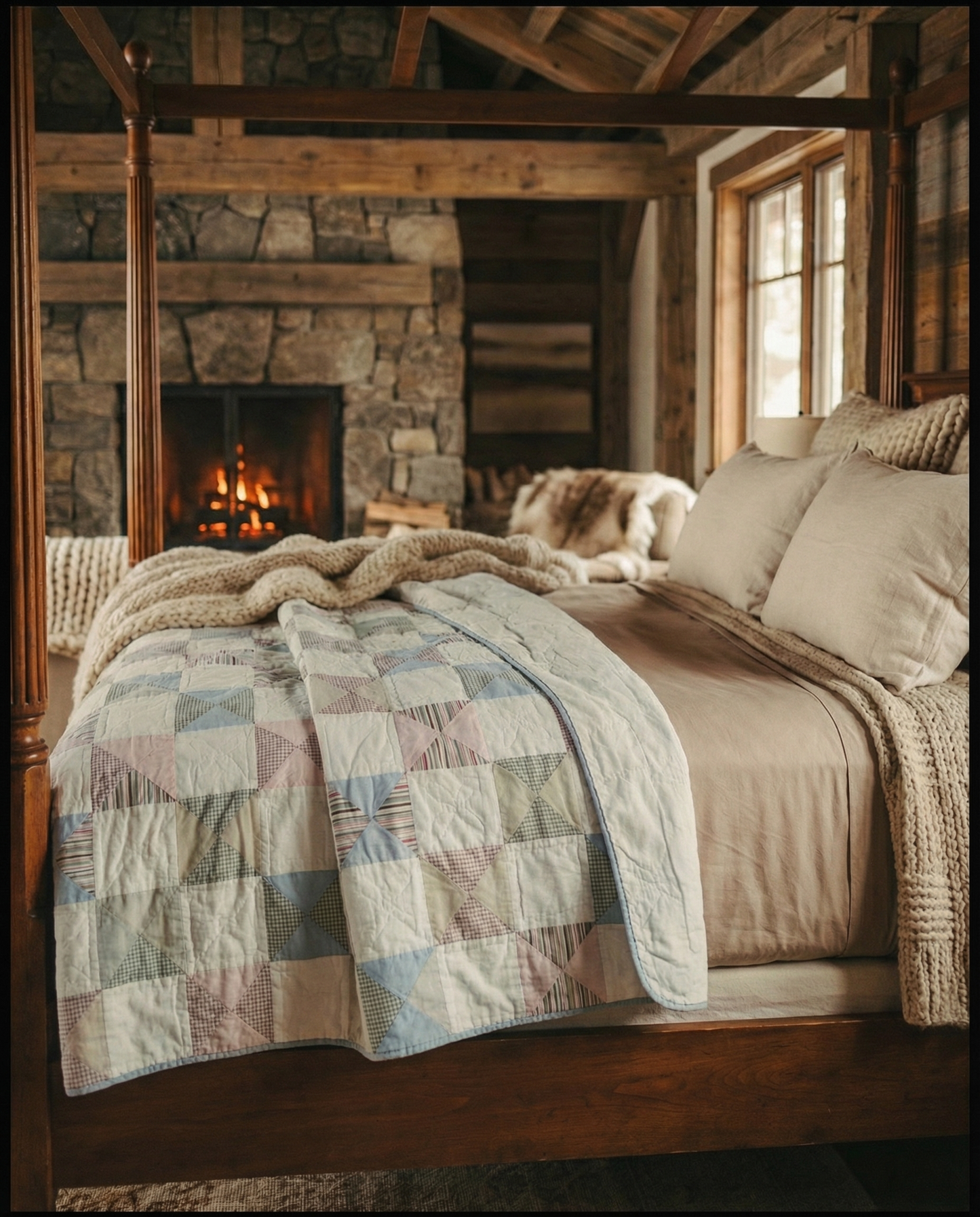 Vintage Handcrafted Patchwork Quilt – Soft Pastel Pinwheel Pattern (84” x 84”)