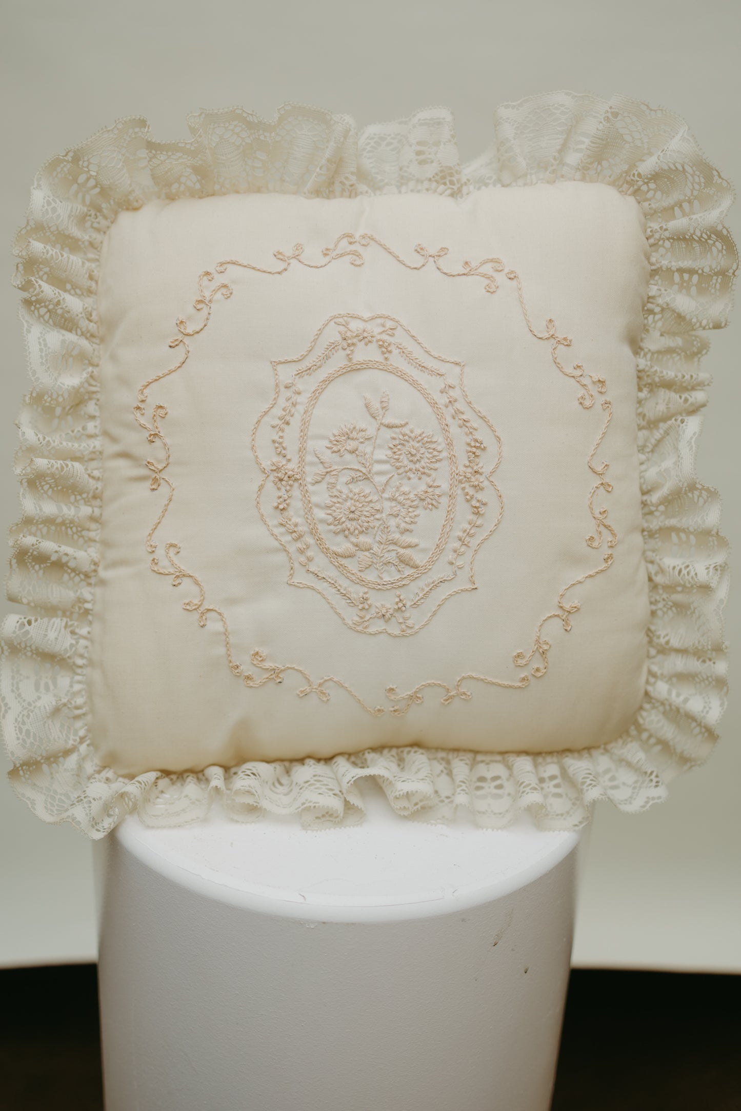 Vintage Ivory Lace & Embroidered Accent Pillow