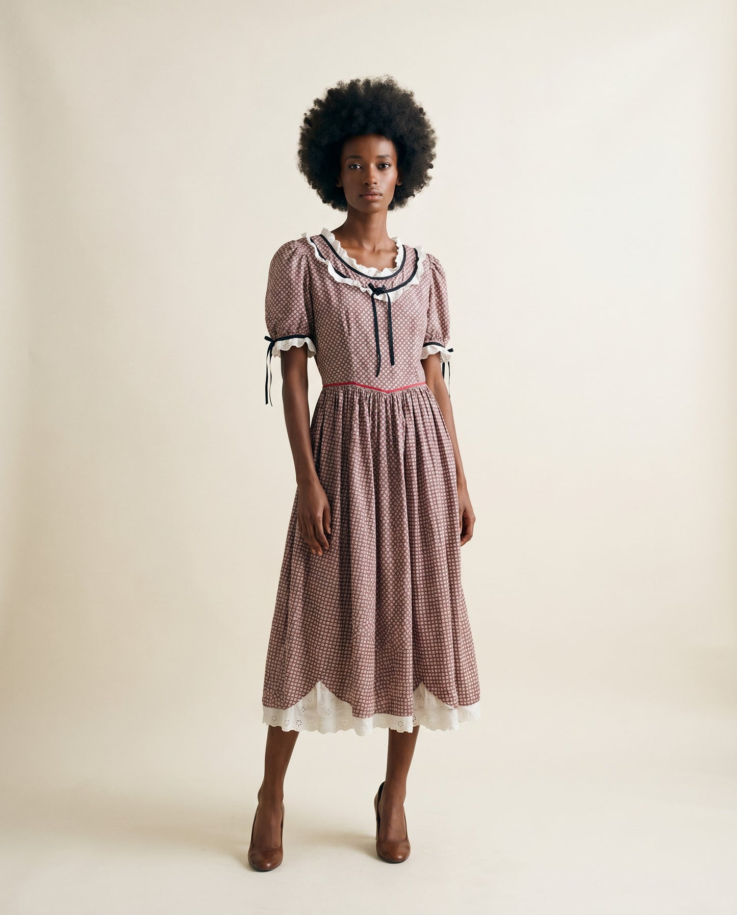 Vintage Prairie Calico Midi Dress with Eyelet Trim
