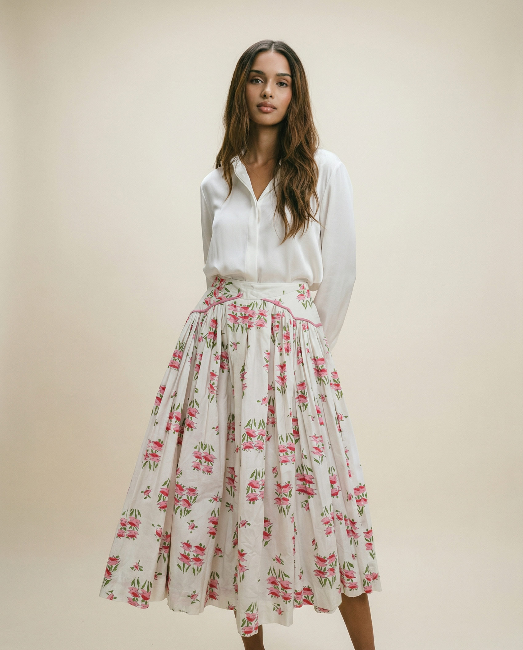 Vintage Pink Floral Full Cotton Skirt - XS