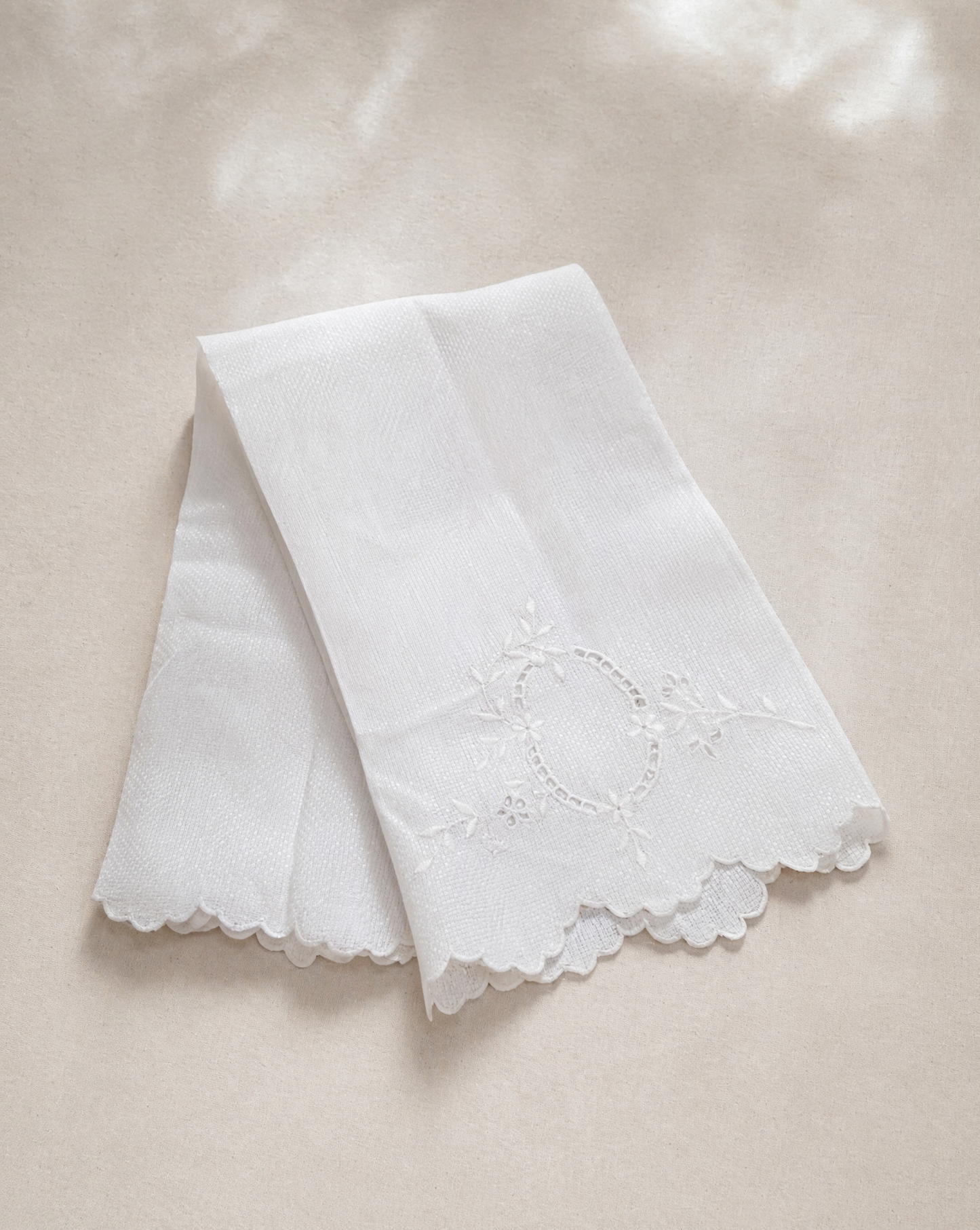 Vintage Linen Guest Towel with Scalloped Edge & Embroidered Medallion