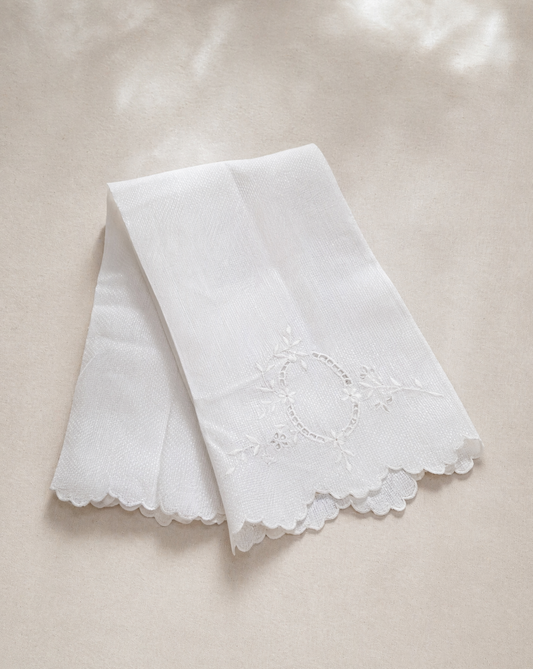 Vintage Linen Guest Towel with Scalloped Edge & Embroidered Medallion
