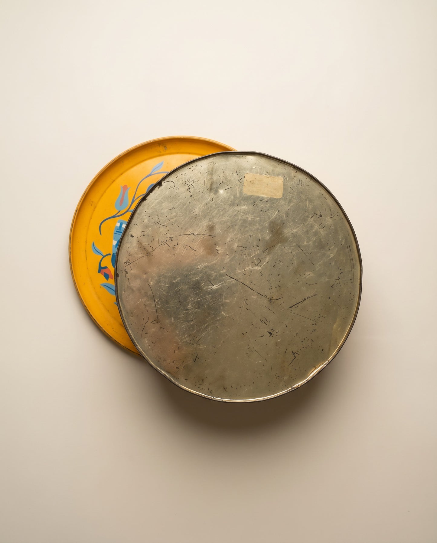 Vintage Folk Art Yellow Tin Container with Lid