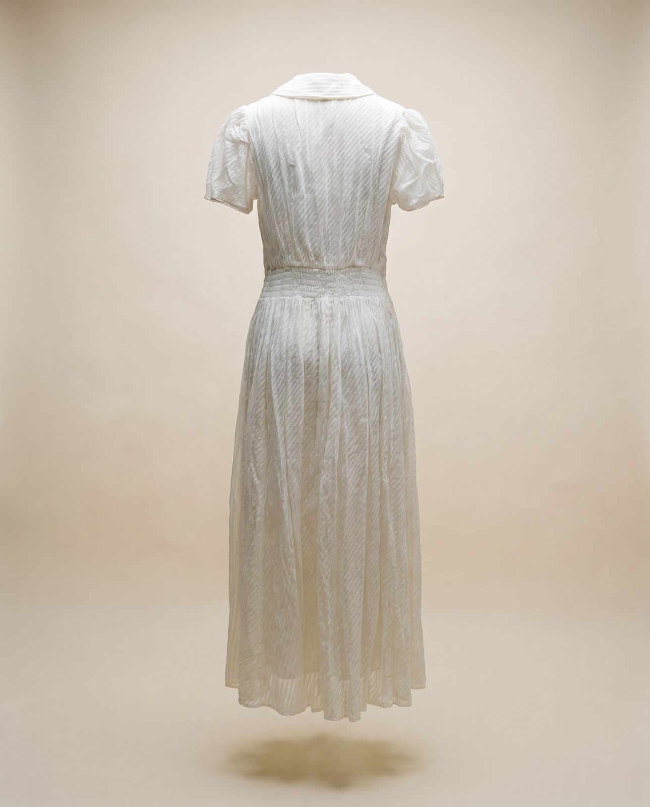 Vintage Sheer Ivory Midi Dress w/ Puff Sleeves & Jewel Buttons
